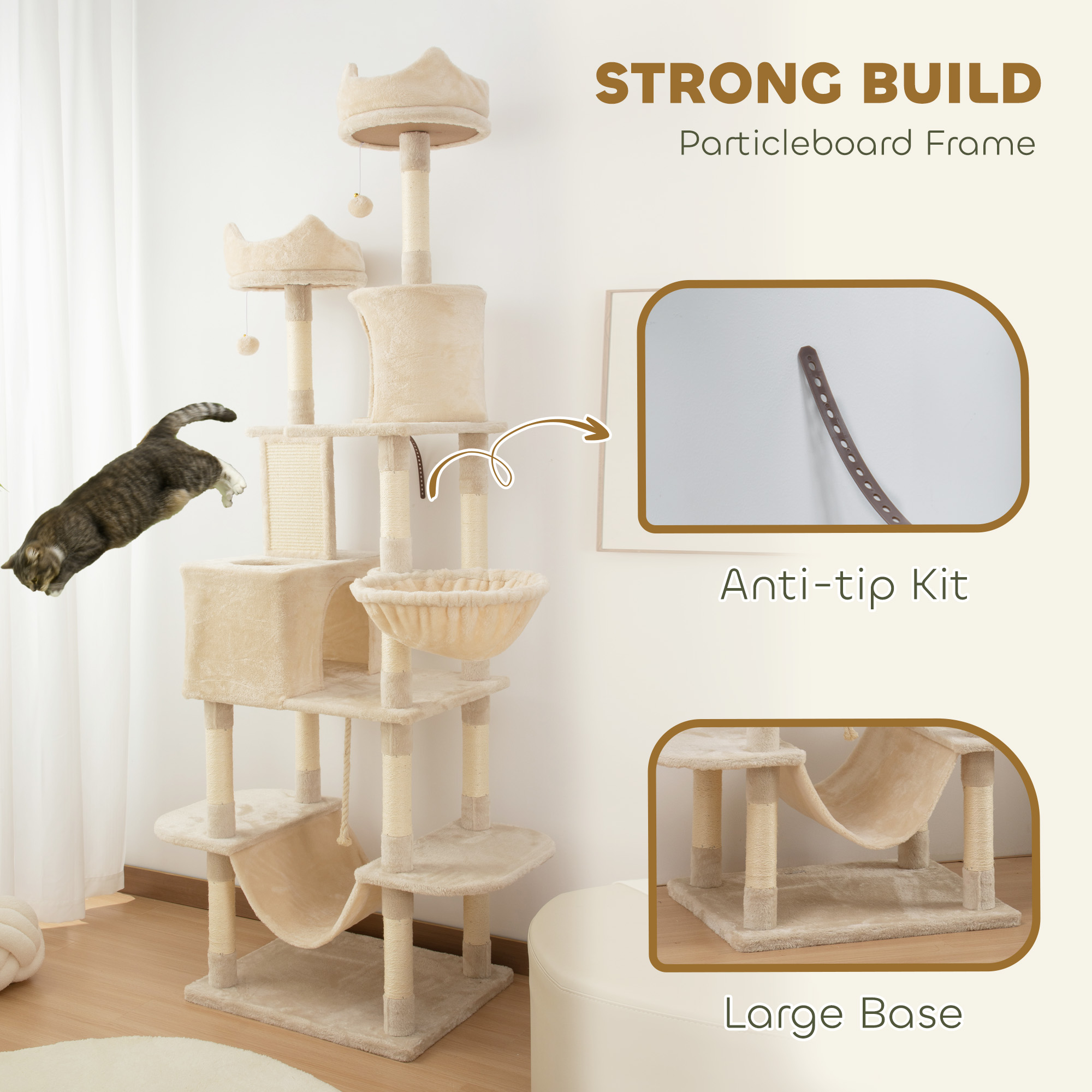 81" Large Cat Tree w/ Scratching Posts, Condos, Beds, Hammocks, Jumping Platforms, Toy Balls, Rope Cat Toy, Beige
