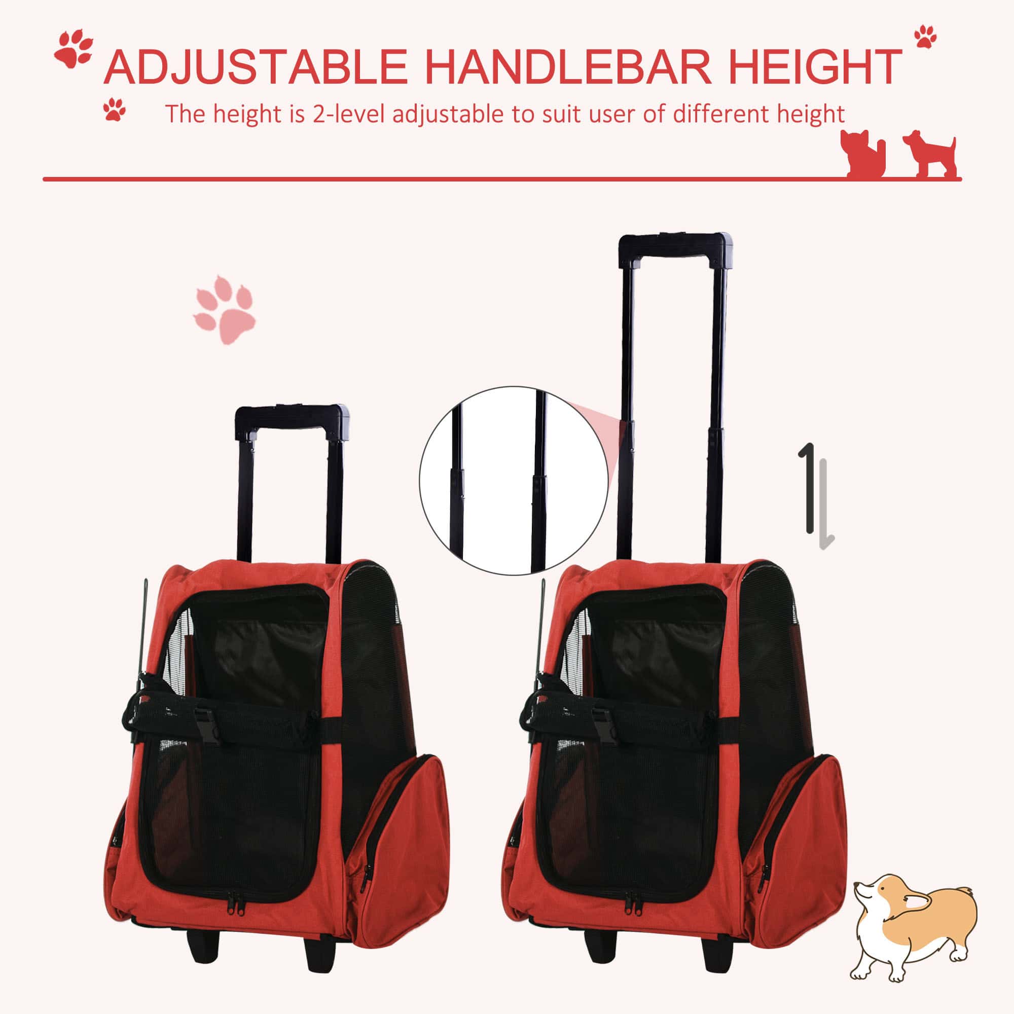 2-IN-1 Pet Luggage Box Backpack Carrier Cats Dogs w/ Handle, Rolling Wheel Red