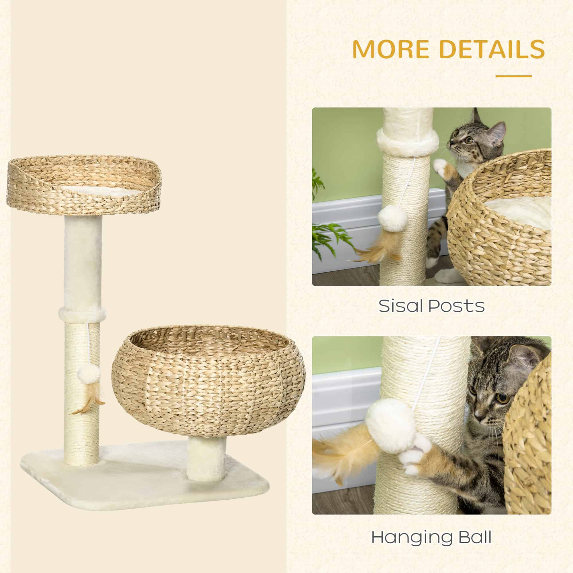28" Cat Tree with Scratching Post, Cat Tower with Double Beds, Beige