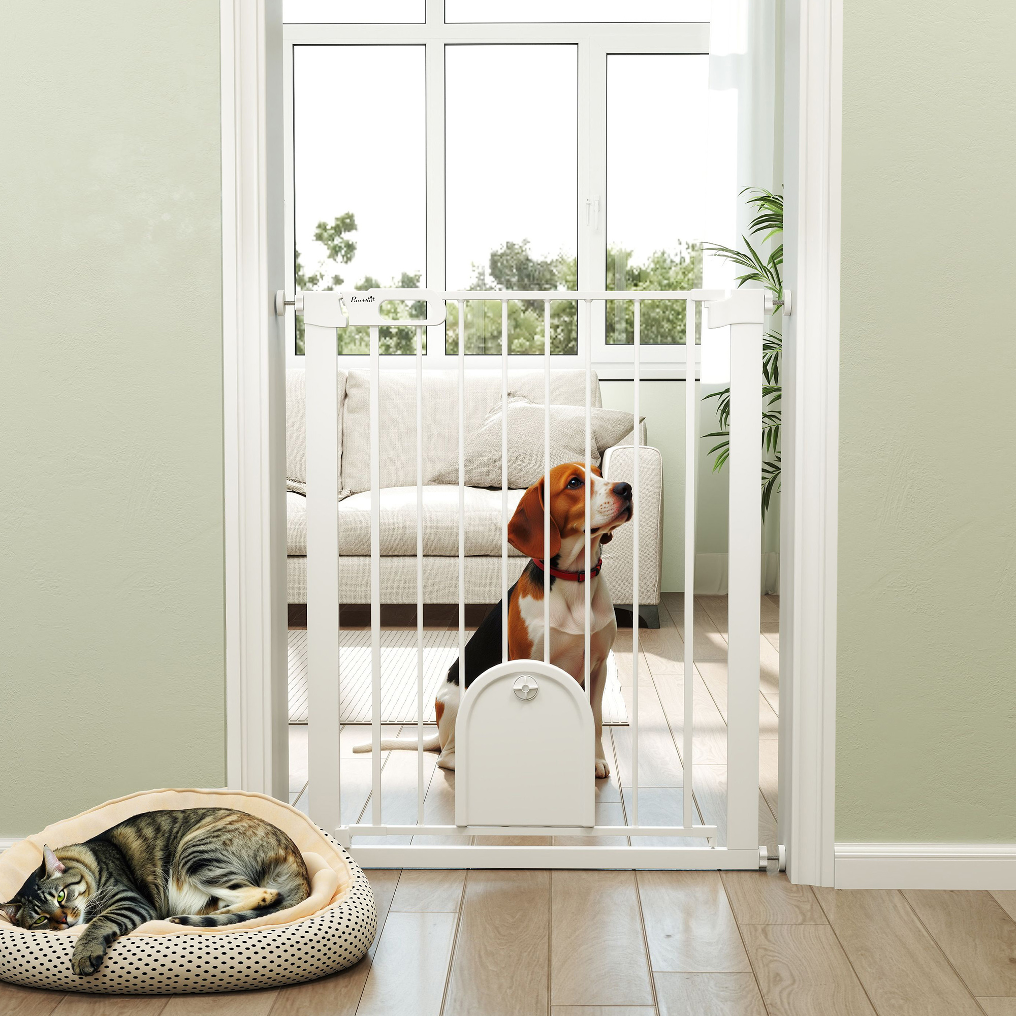 30"-32" Extra Wide Pet Gate Barrier with Small Door, 35"H Dog Gate with Safety Gate Barrier, Stair Pressure Fit, White