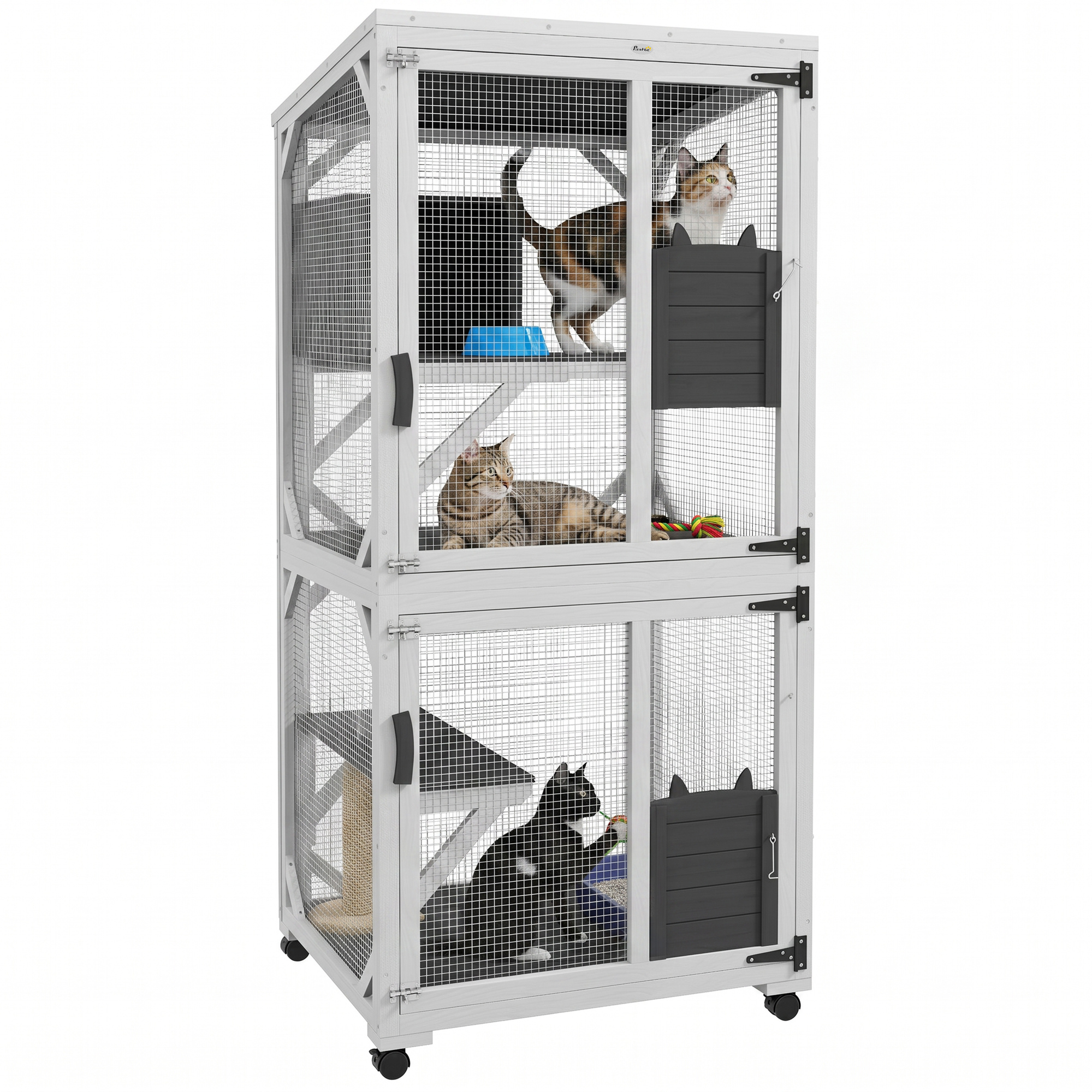 Catio Outdoor, Elevated Design, with Wheels, Resting Box, Water-Resistant, Multi Platforms, White & Grey