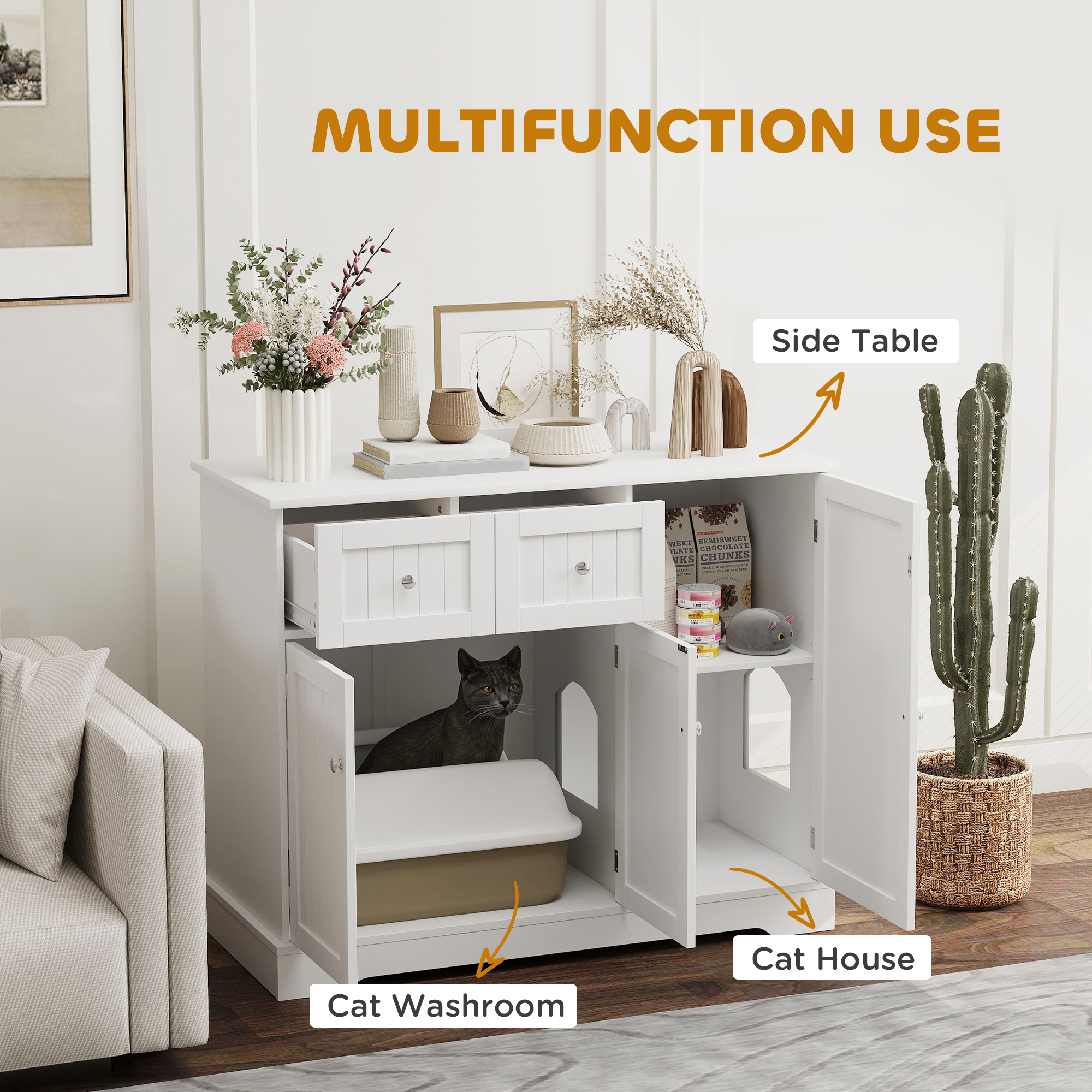 Cat Litter Box Enclosure with Drawer, Storage, Anti-tip Kit, for Living Room, Bedroom, White