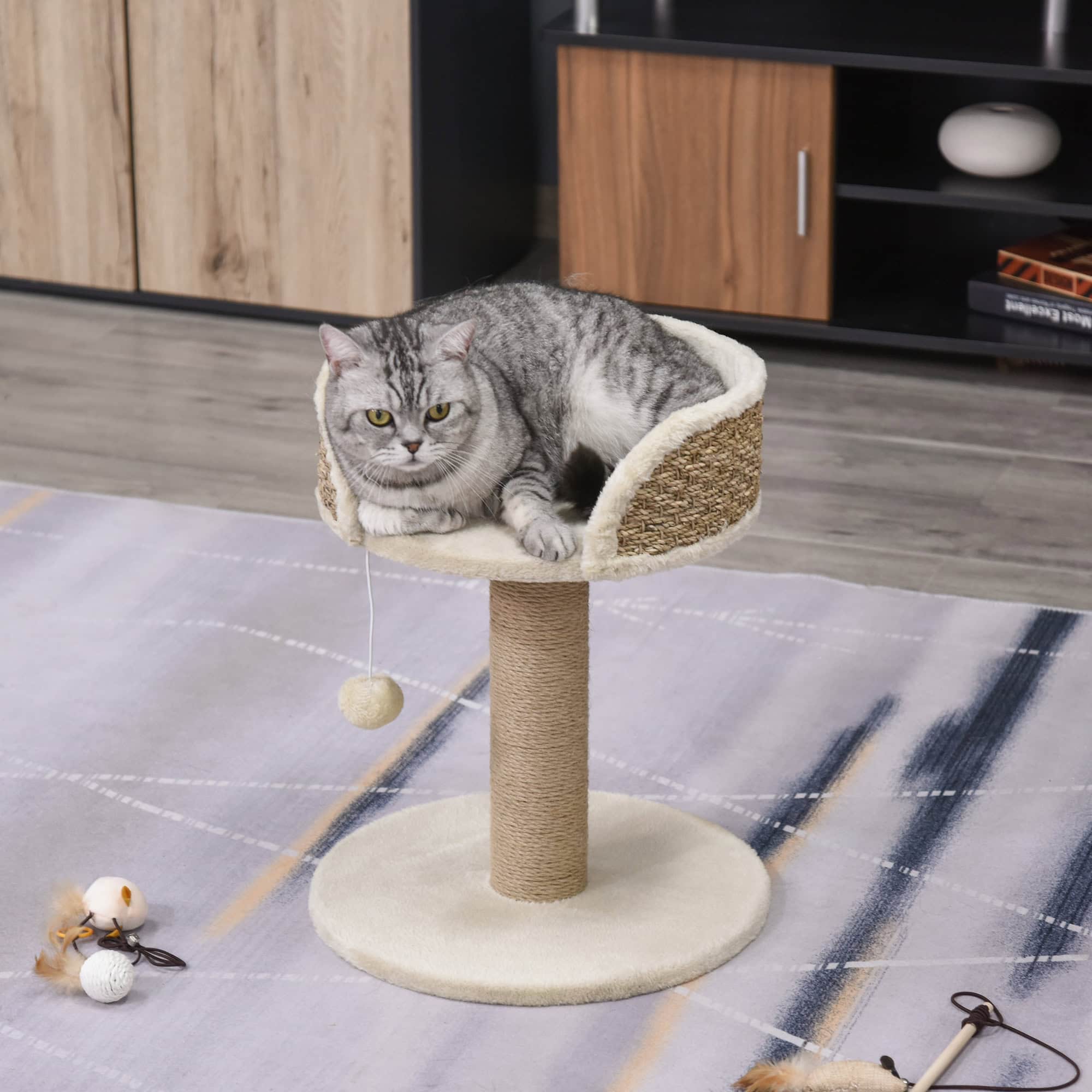 Cat Tree with Scratching Post, Toy Ball, Perch, Small Cat Tower for Indoor Cats - 16" x 16" x 19", Beige
