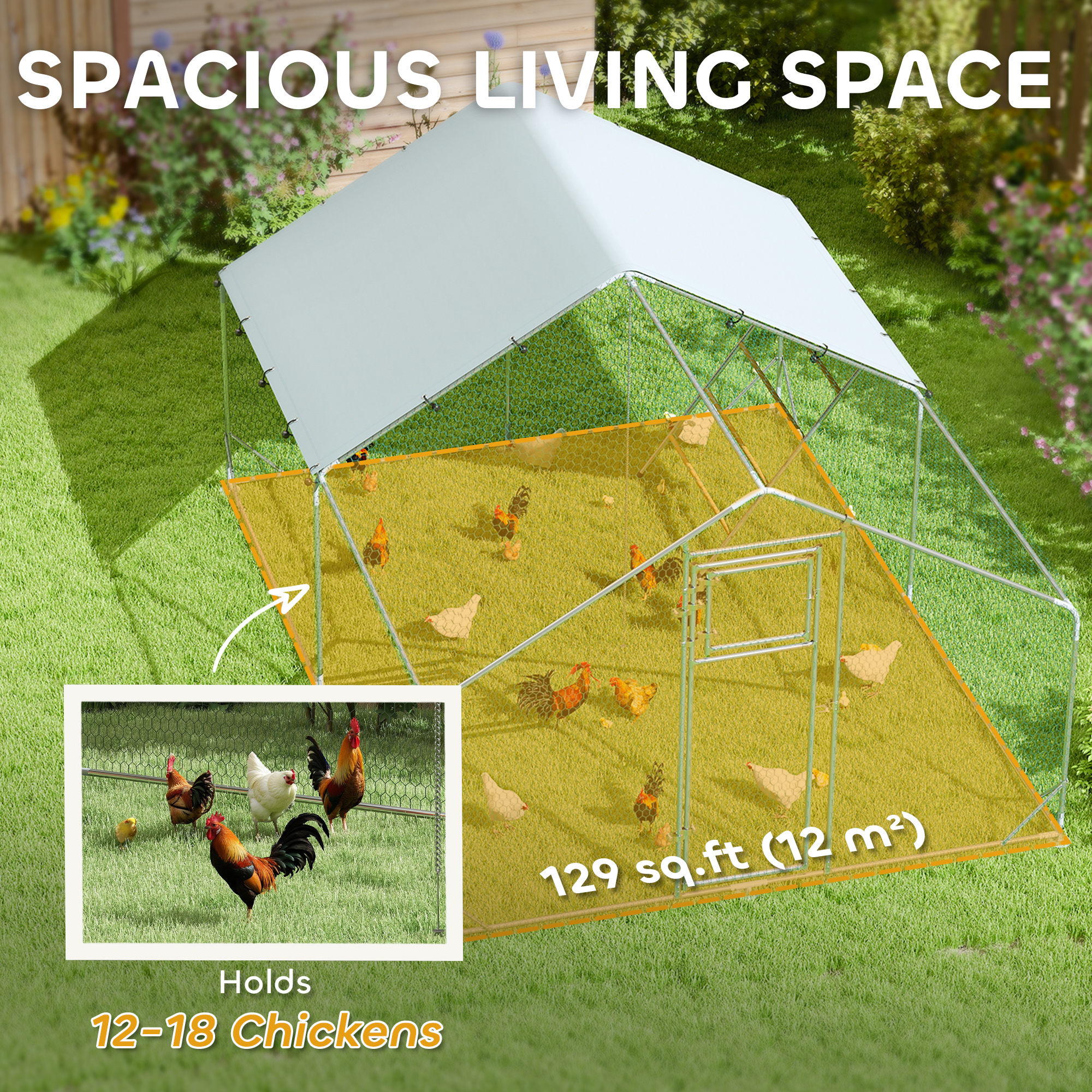 Large Metal Chicken Run with Waterproof & UV-Resistant Cover, Feeding Door, Hanging Feeder, Perch for 12-18 Chickens