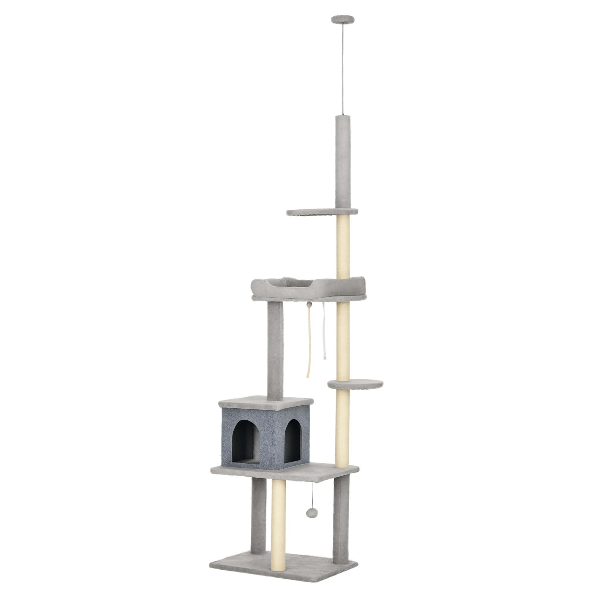 Cat Tree Floor to Ceiling Cat Tower Height Adjustable(85-101 Inches), Tall Large Cat Climbing Activity Center with Scratching Posts Cat Condo Cozy Bed, Grey
