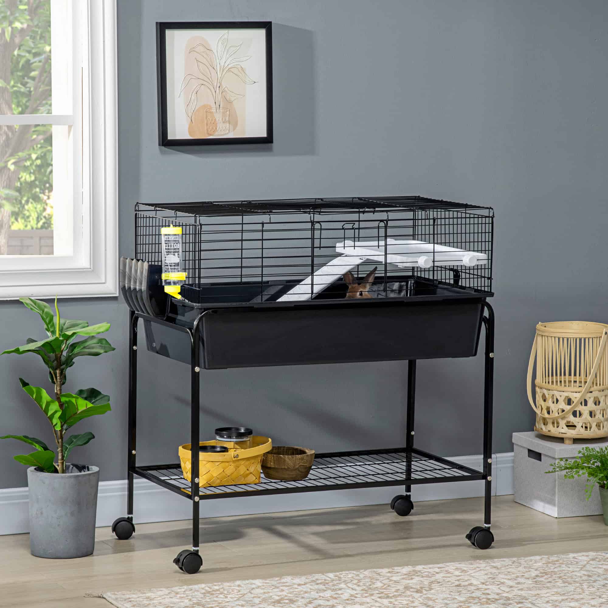35" Small Animal Cage Rolling Guinea Pig Cage with Detachable Stand, Water Dispenser, Food Dish, Ramp, Wheels, Dark Grey