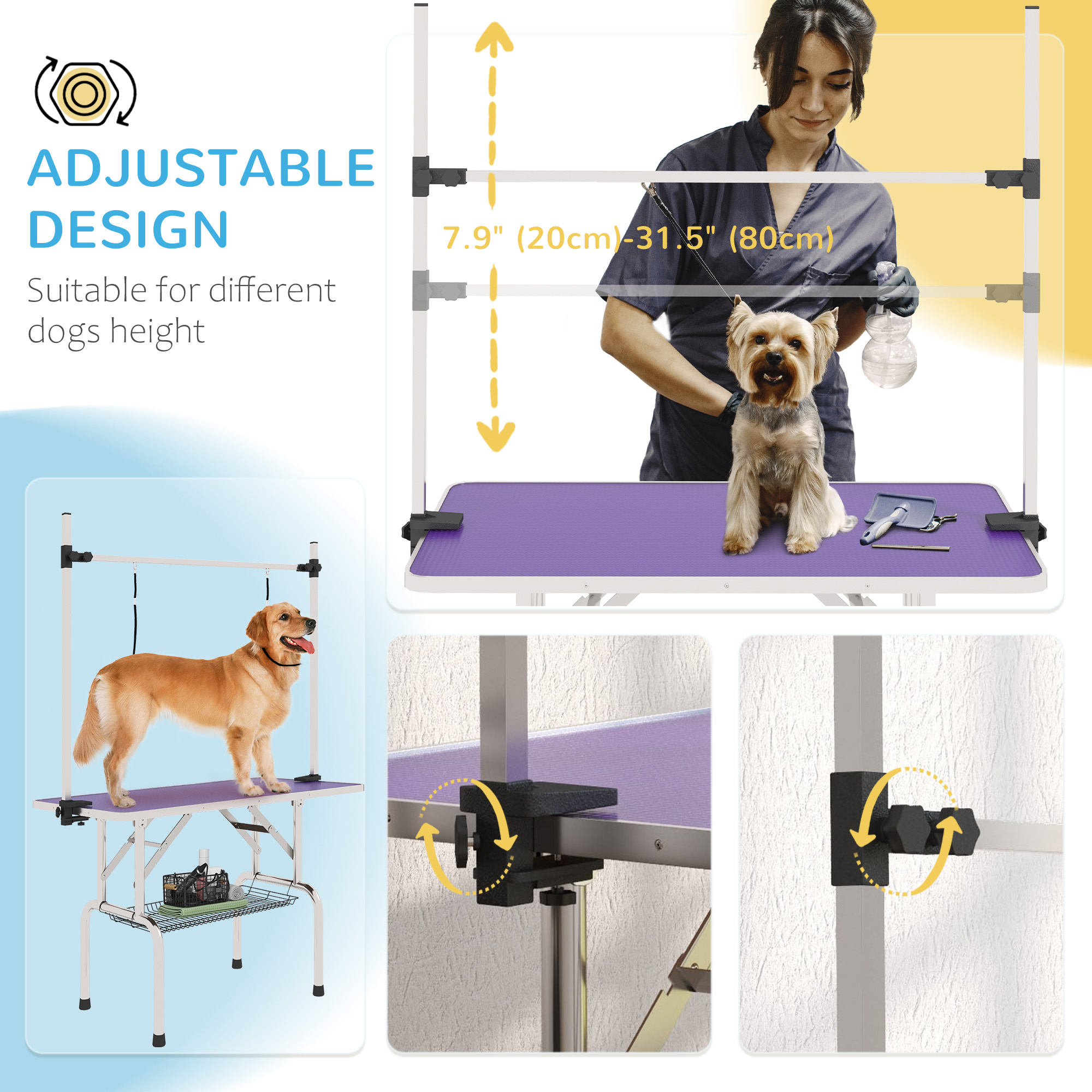 Adjustable Dog Grooming Table with 2 Safety Slings, Storage Basket, Purple
