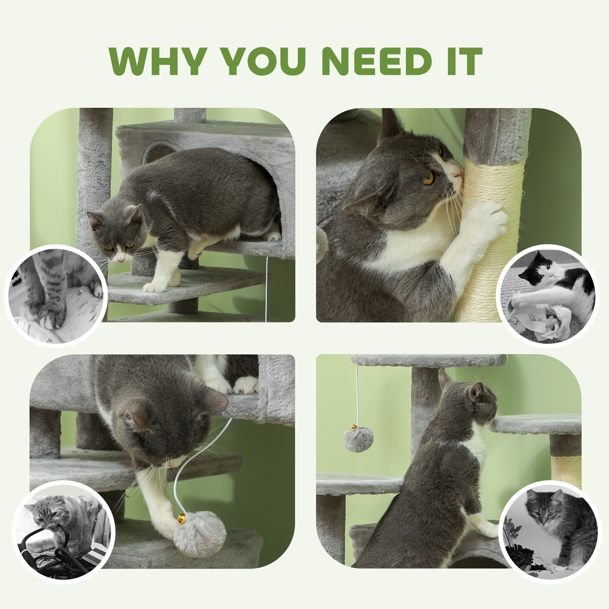 54" Cat Tree, Multi-Level Cat Tower with Scratching Posts, Cat Condos, Bed, Platforms, Ramp, Toy Ball, Light Grey