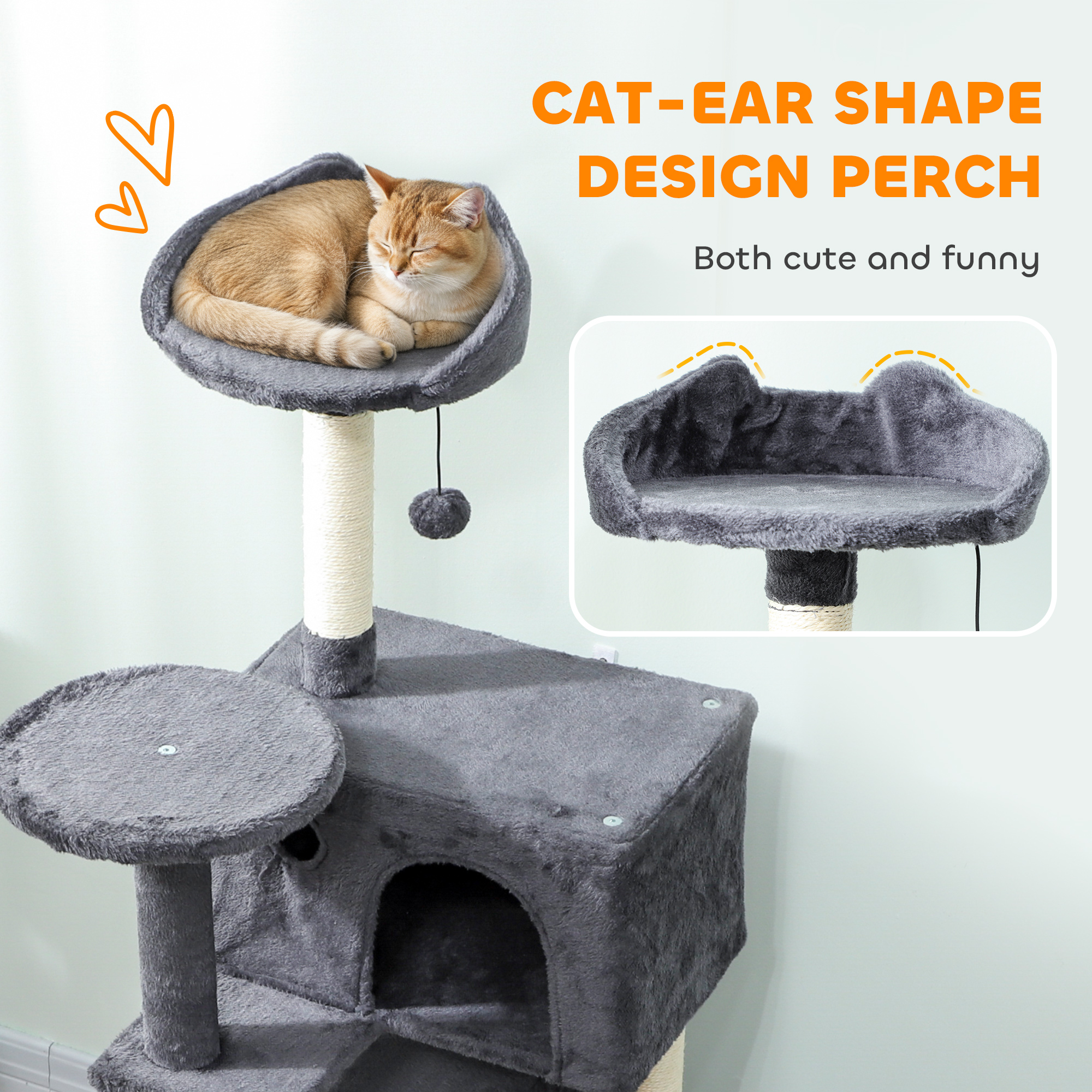 63 Inch Cat Tree with Sisal Scratching Posts, Condos, Plush Perches, Hammock, Ladder, Dangling Balls, Dark Grey - Image 5
