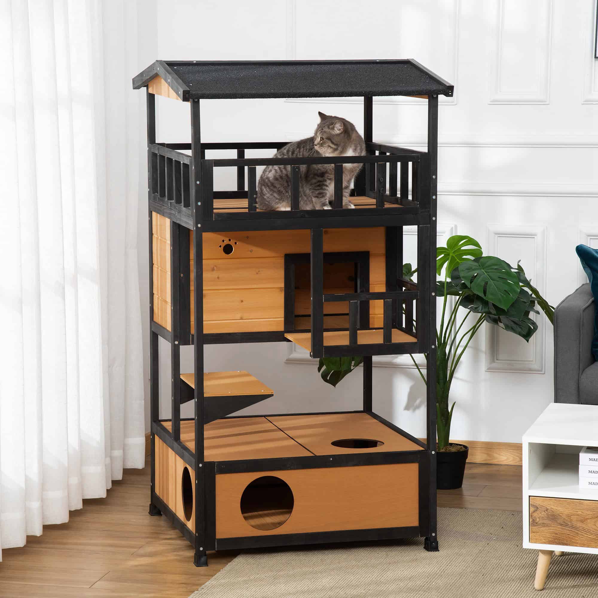 4-Floor Wood Outdoor Cat House Catio for Cats with Condo, Fun Entrances, Perch, Natural