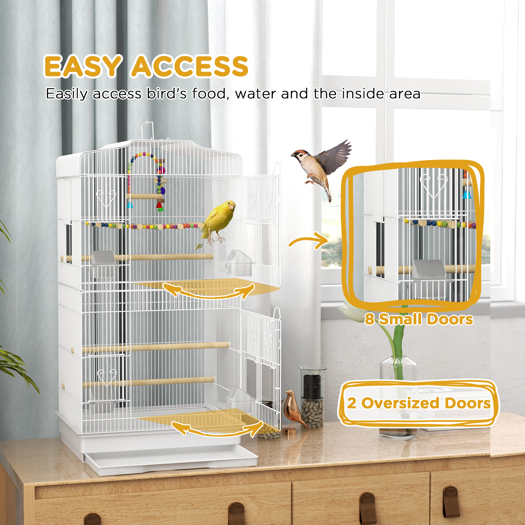 36" Bird Cage with Accessories, Handle, Mesh Cover, Tray, White