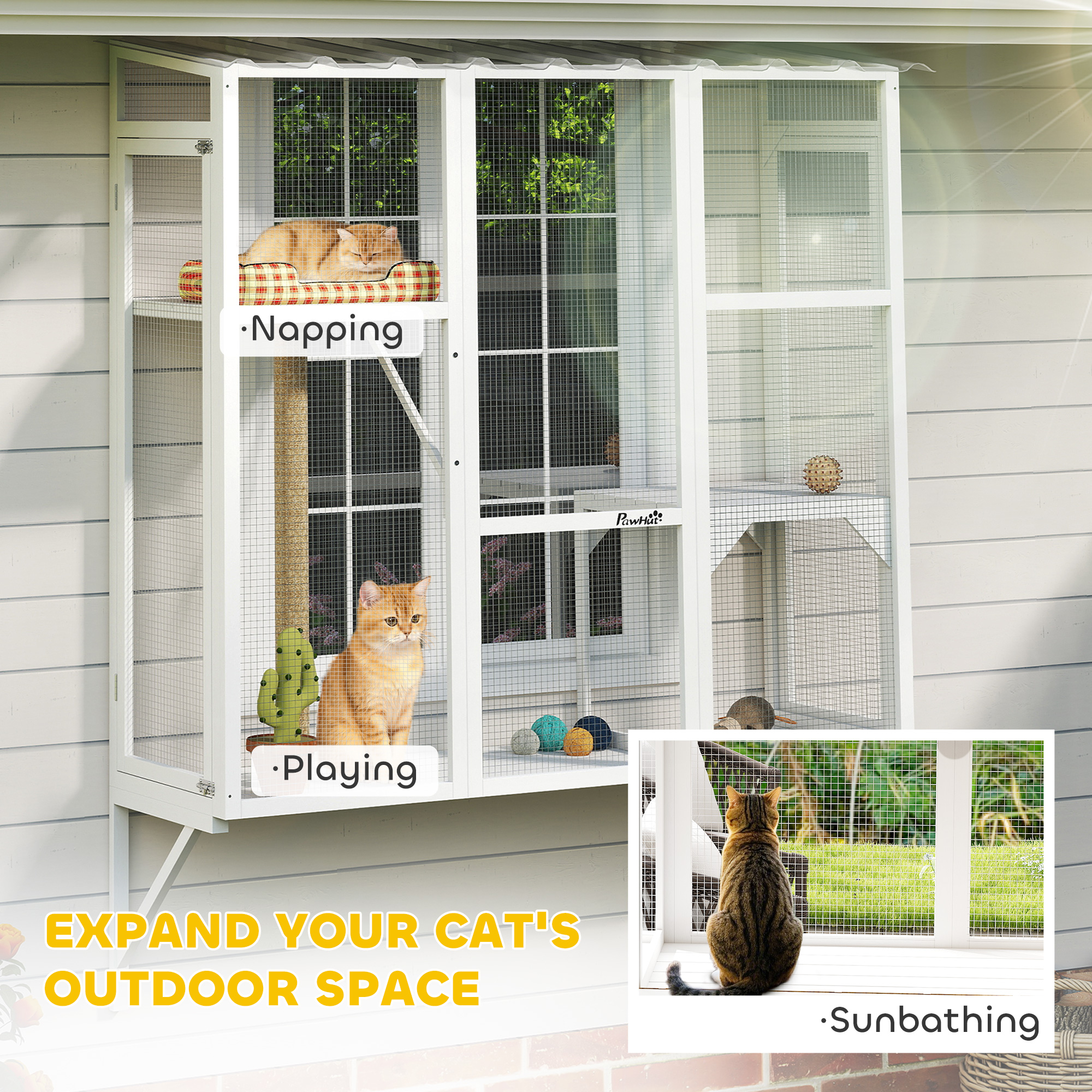 Wooden Catio Outdoor, Cat Window Box Enclosure for 2-3 Large Cats with 2 Jumping Platforms & Scratching Post, White