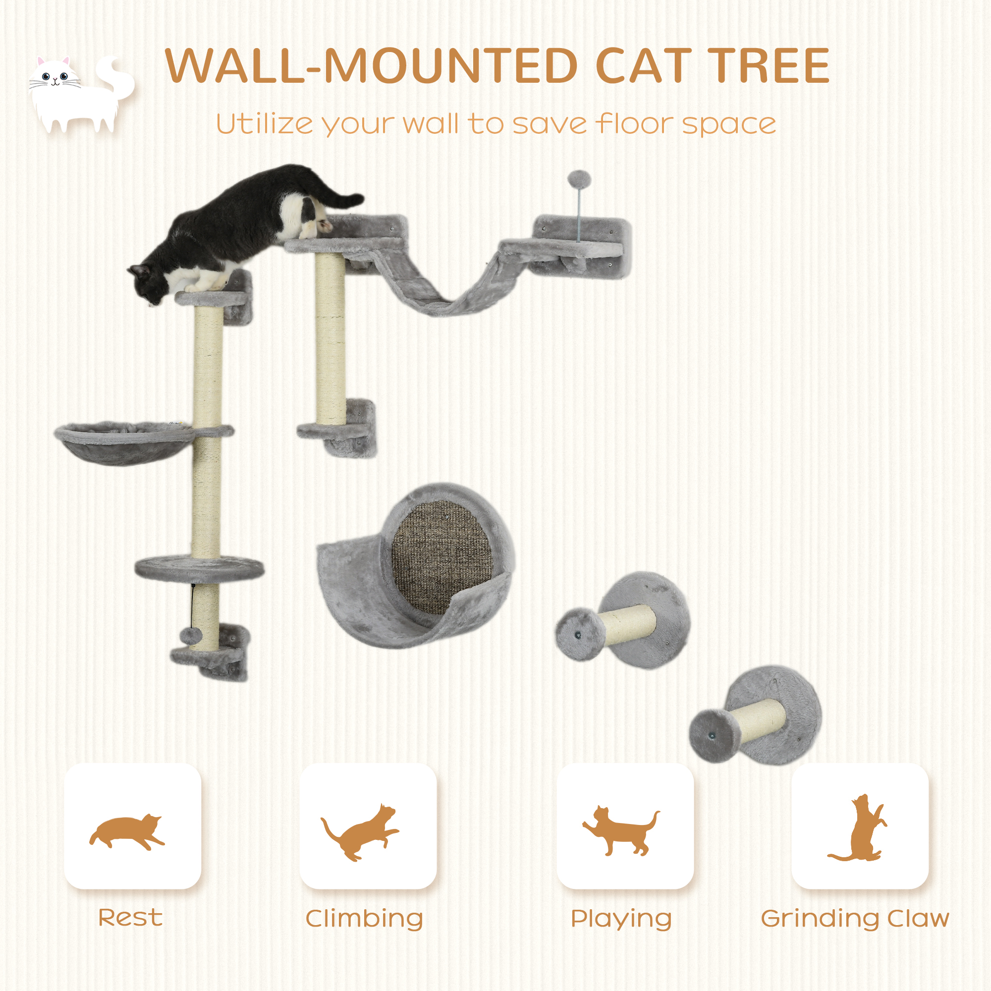 5PCs Cat Wall Shelves with Hammock, Scratching Posts, Perches, Ladder, for Indoor Cats, Light Grey - Image 4