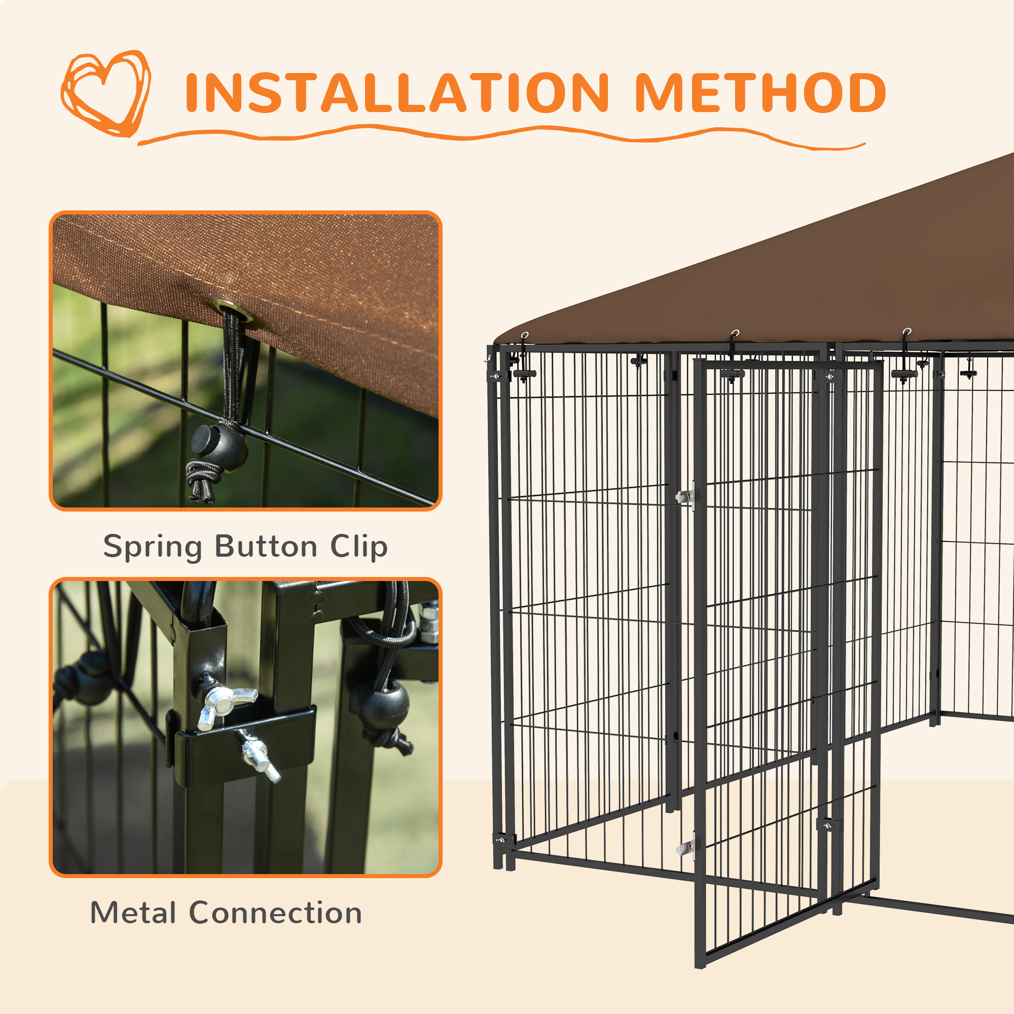 6.9' x 6.9' x 5' Outdoor Dog Kennel with Canopy, Rotating Bowls, Coffee