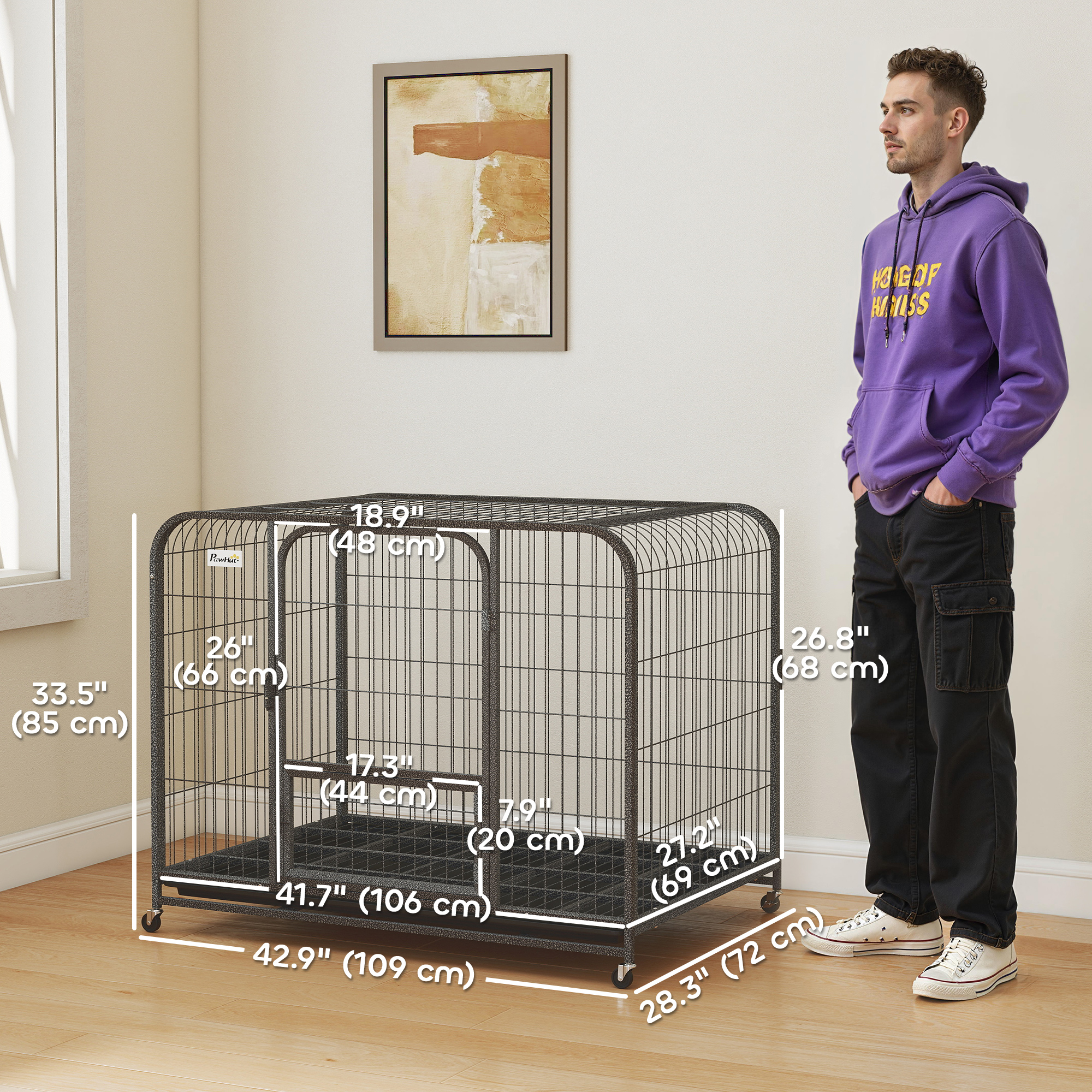 43 Inch Heavy Duty Dog Crate, Extra Large Metal Dog Cage with Lockable Wheels and Removable Tray