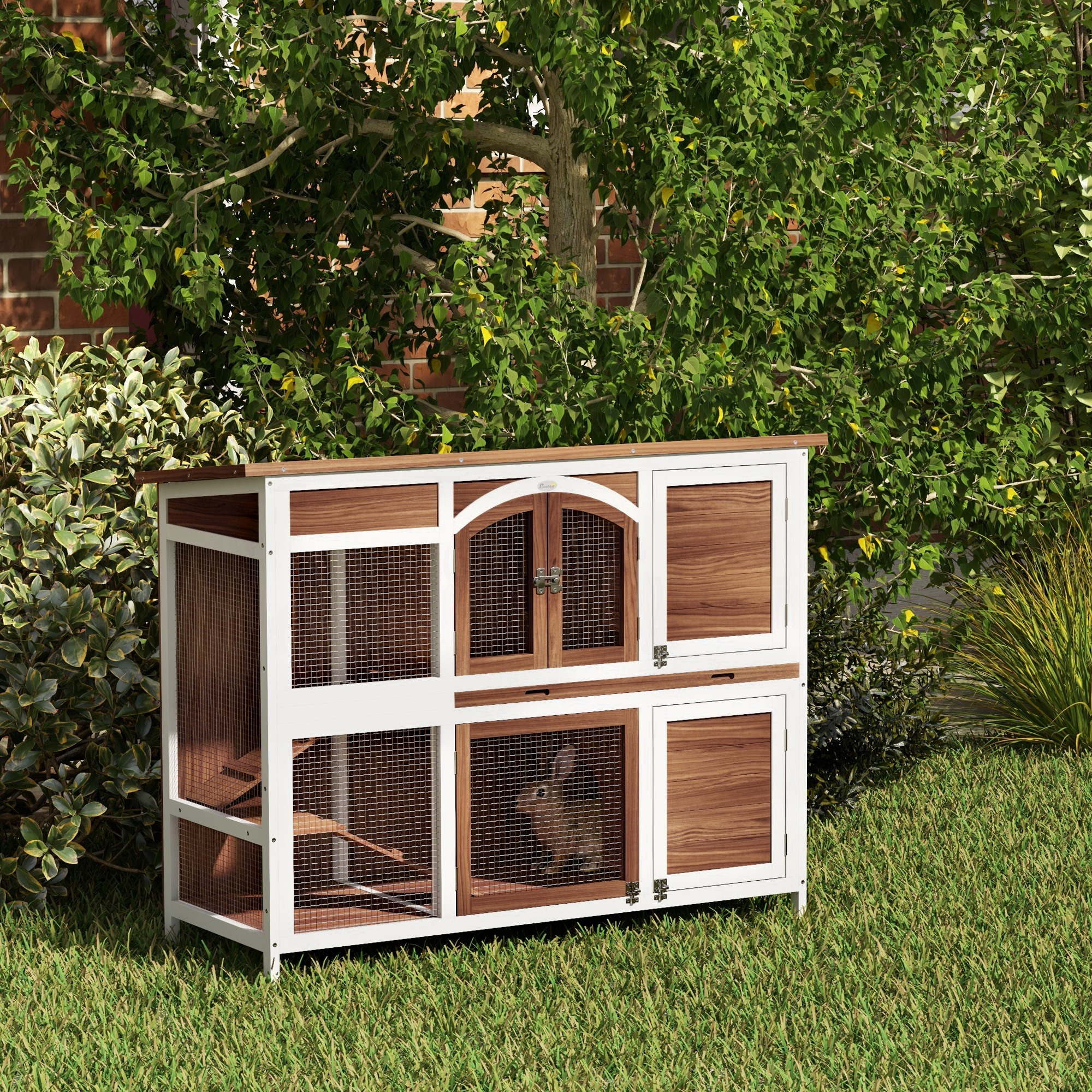 Two-Tier Wooden Rabbit Hutch with Openable Roof, Slide-Out Tray