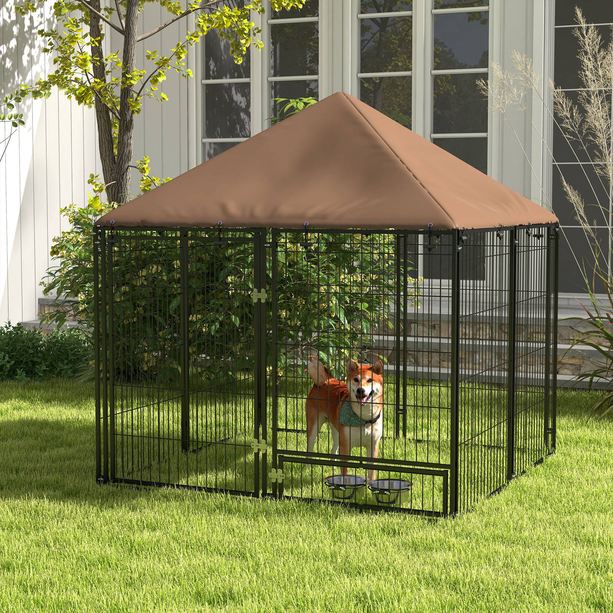4.6' x 4.6' x 5' Outdoor Dog Kennel with Canopy, Rotating Bowls, Coffee