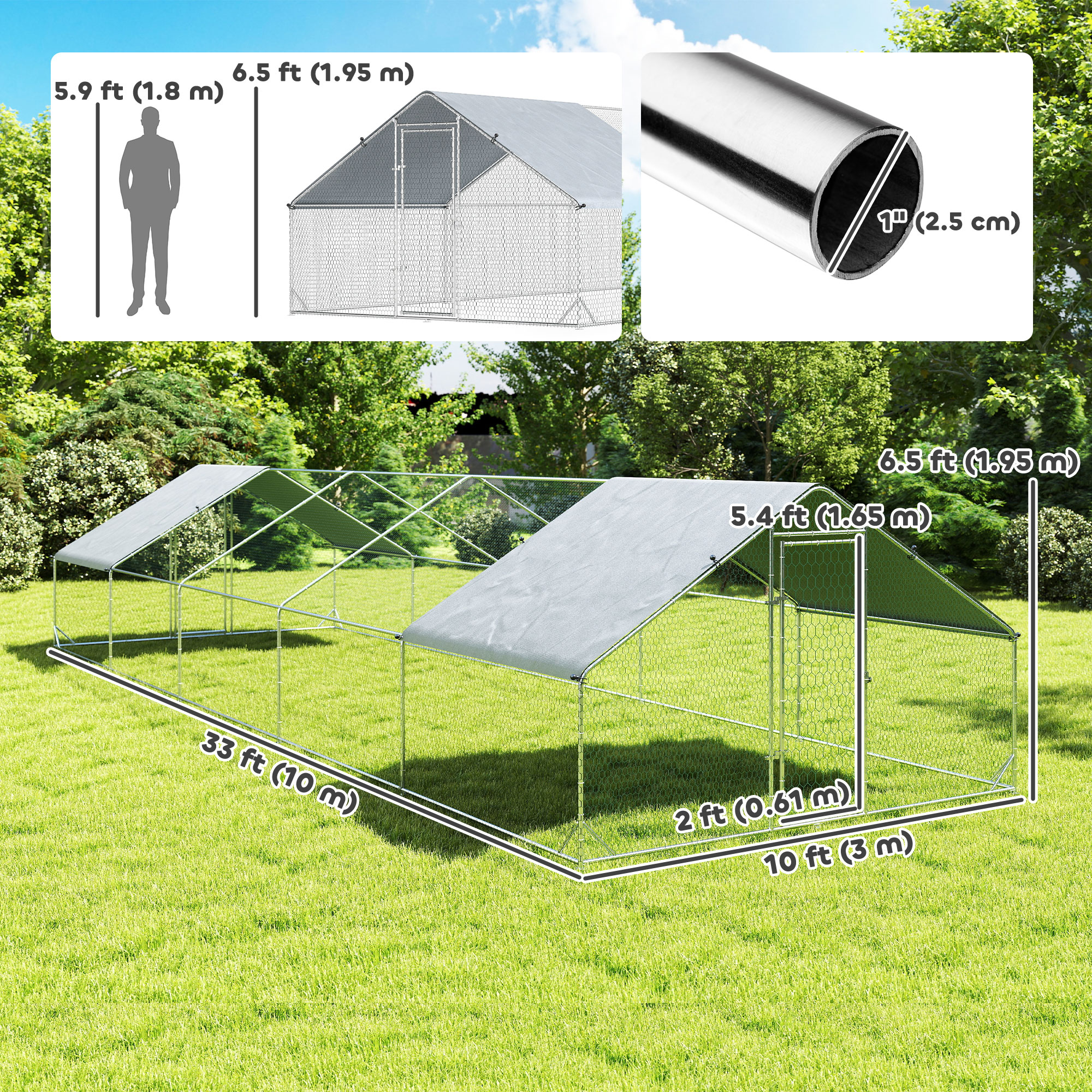 Metal Chicken Coop with Water- and UV-Protection Cover for Backyard Hen, Duck, Rabbit, 32.8' x 9.8' x 6.4'