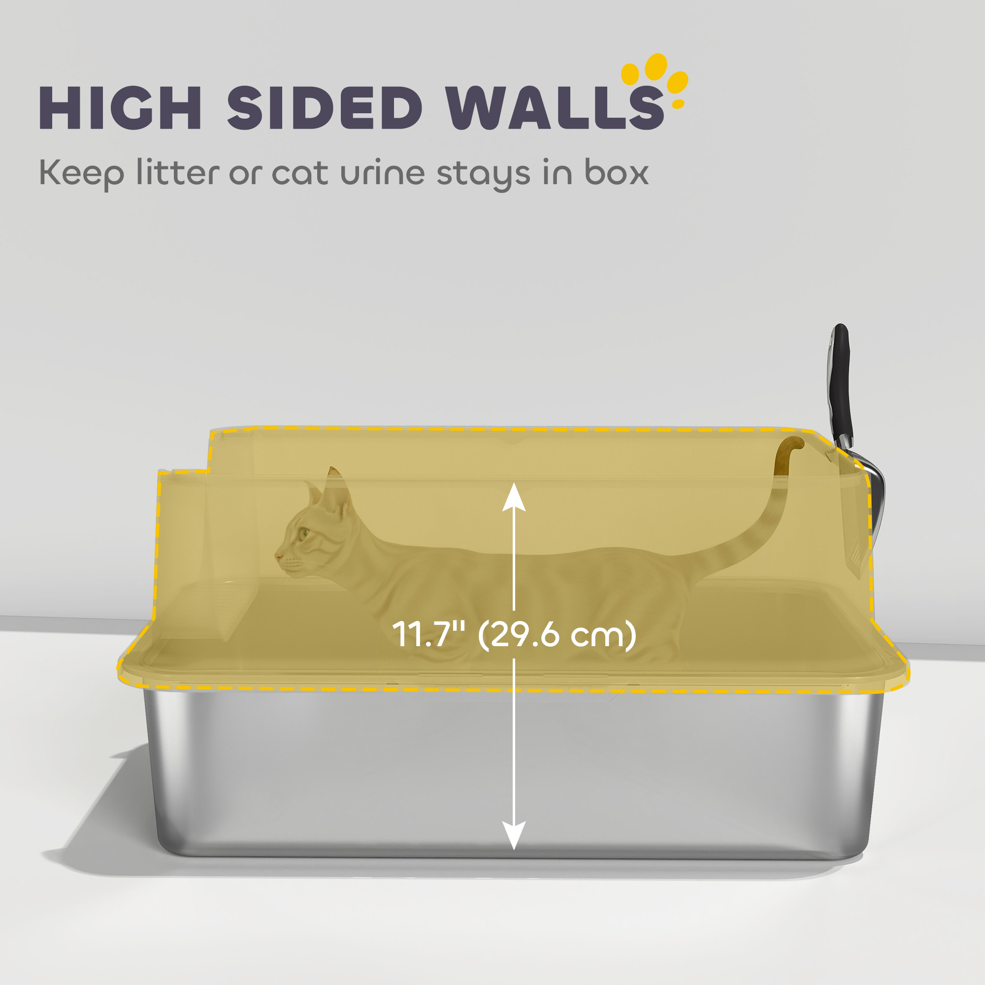 XL Stainless Steel Cat Litter Box for Big and Multiple Cats with High Wall Side, Scoop, Easy Cleaning & Odor Free