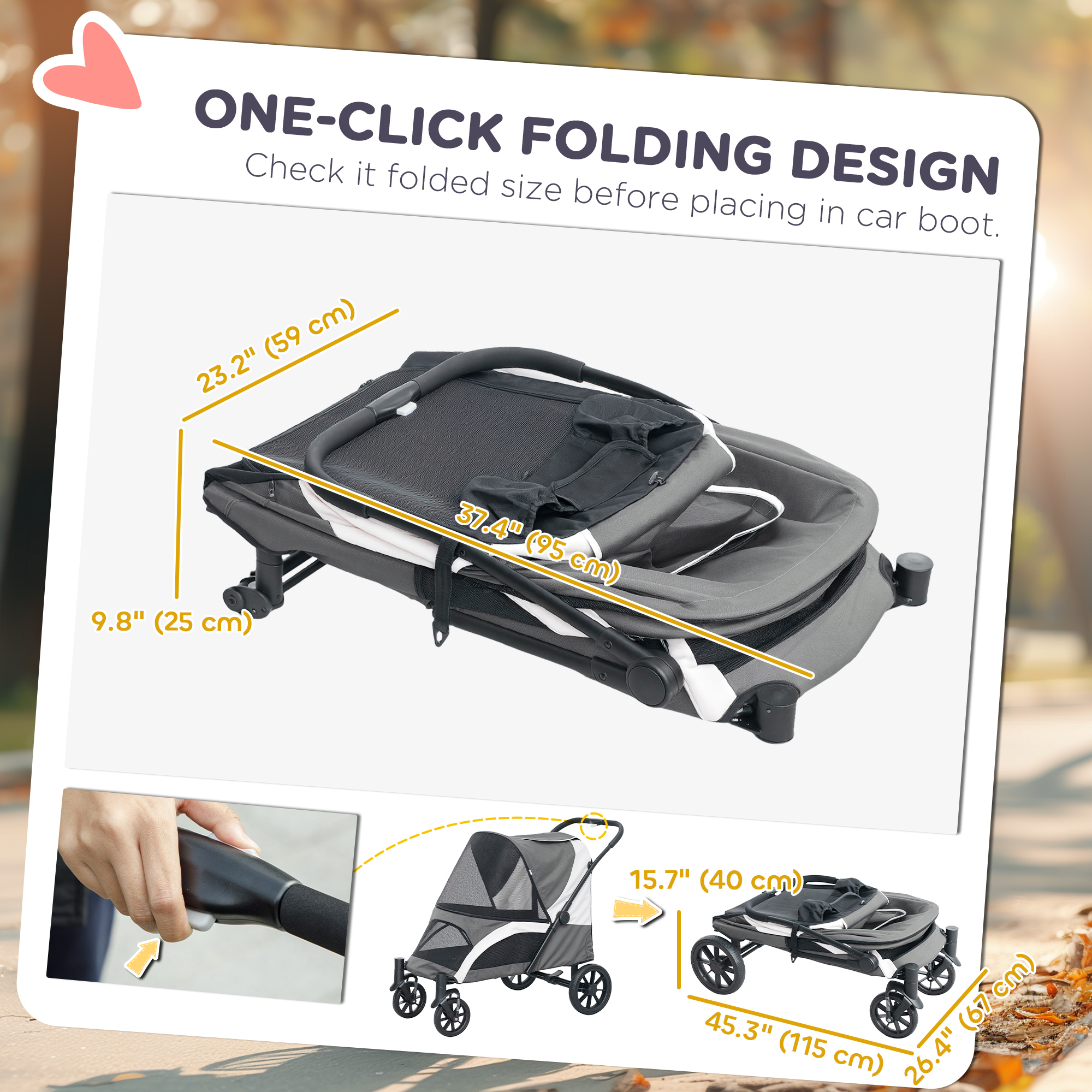 Foldable Pet Stroller for Medium Dogs with Four Big Wheels, Shock-Absorbing Frame, Safety Leashes, Brakes, Dark Grey - Image 5
