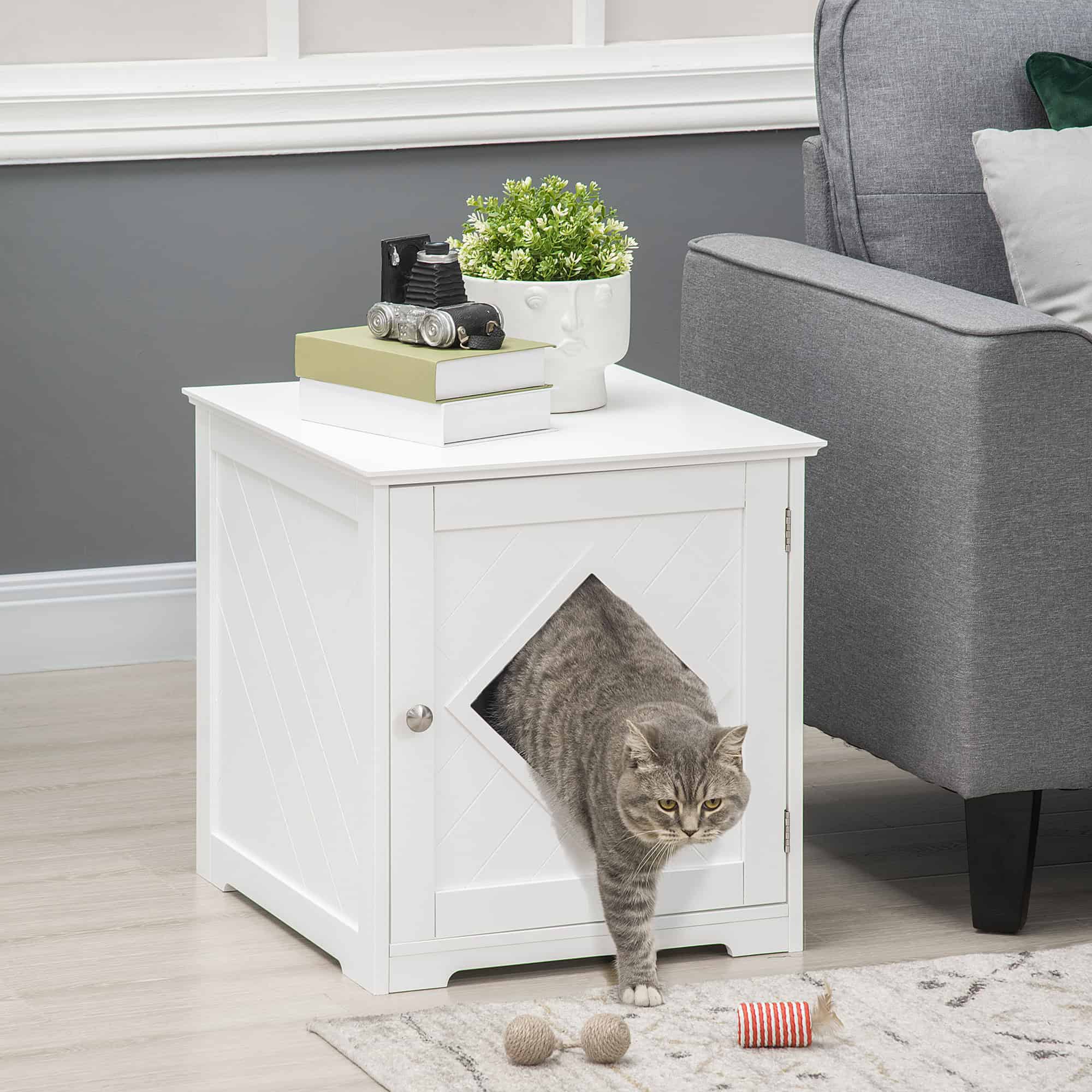 Cat Litter Box Enclosure End Table, Indoor Cat Washroom with Magnetic Door, Hidden Litter Box Nightstand with Large Tabletop, Easy Assembly, White