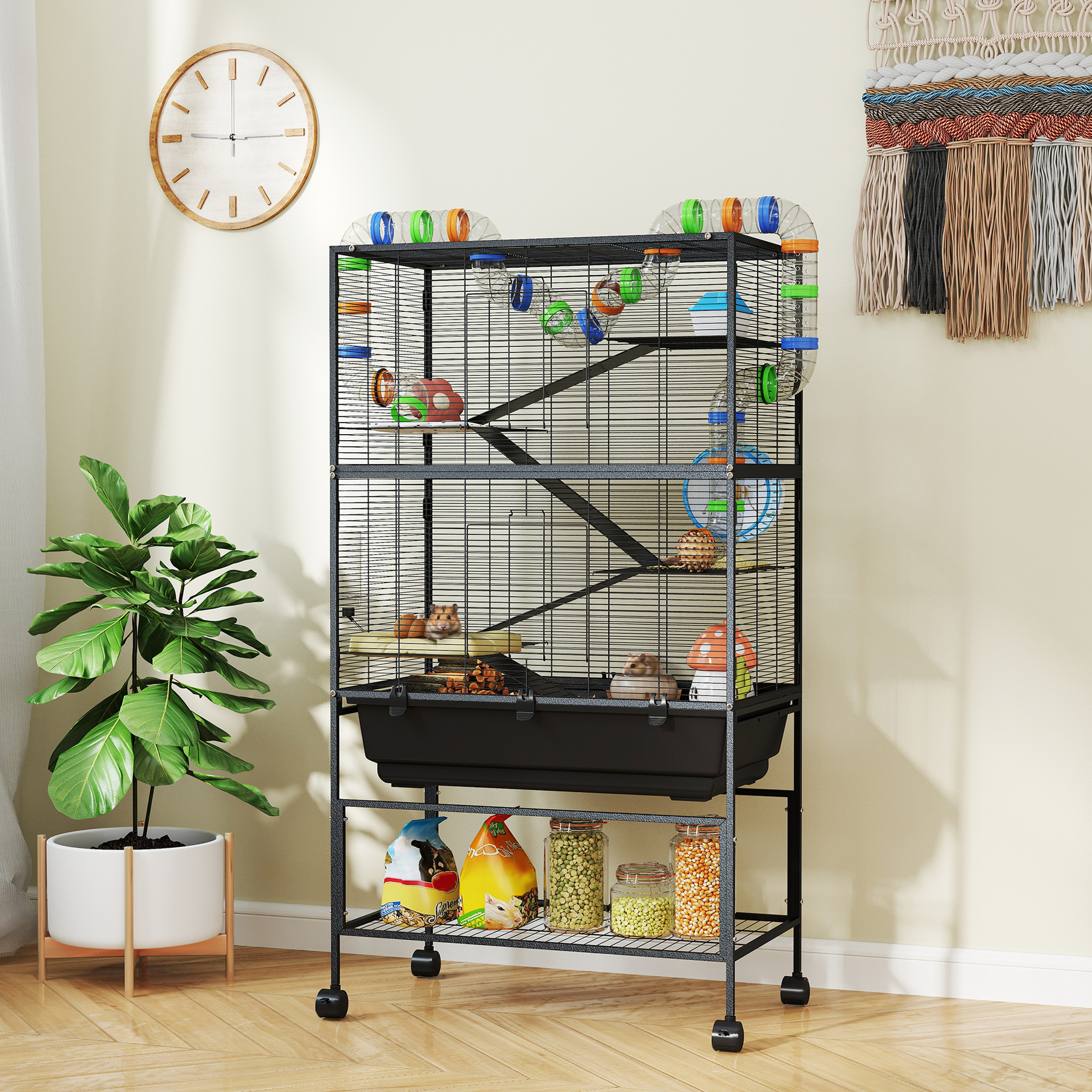 5 Tier Rolling Hamster Cage with 7" Deep Tray, Storage Shelf, Big Exercise Wheel, Tube System, for Syrian, Gerbil, Rat