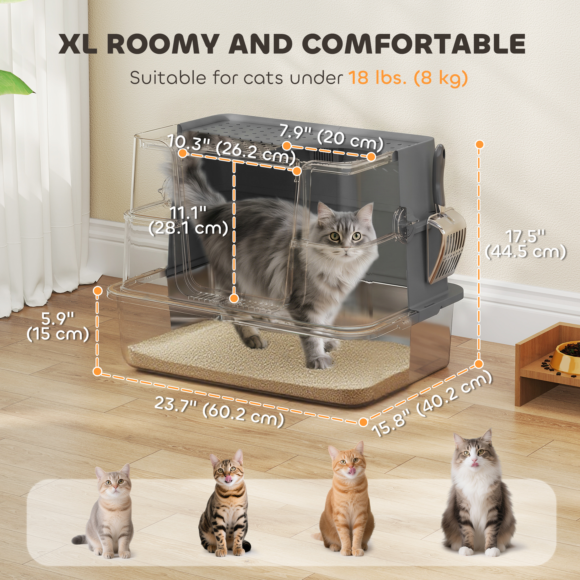 XL Stainless Steel Litter Box w/ 100° Flip Top, Scoop, Side Top Dual Entry, Odor Free, Easy Cleaning, Anti Leakage
