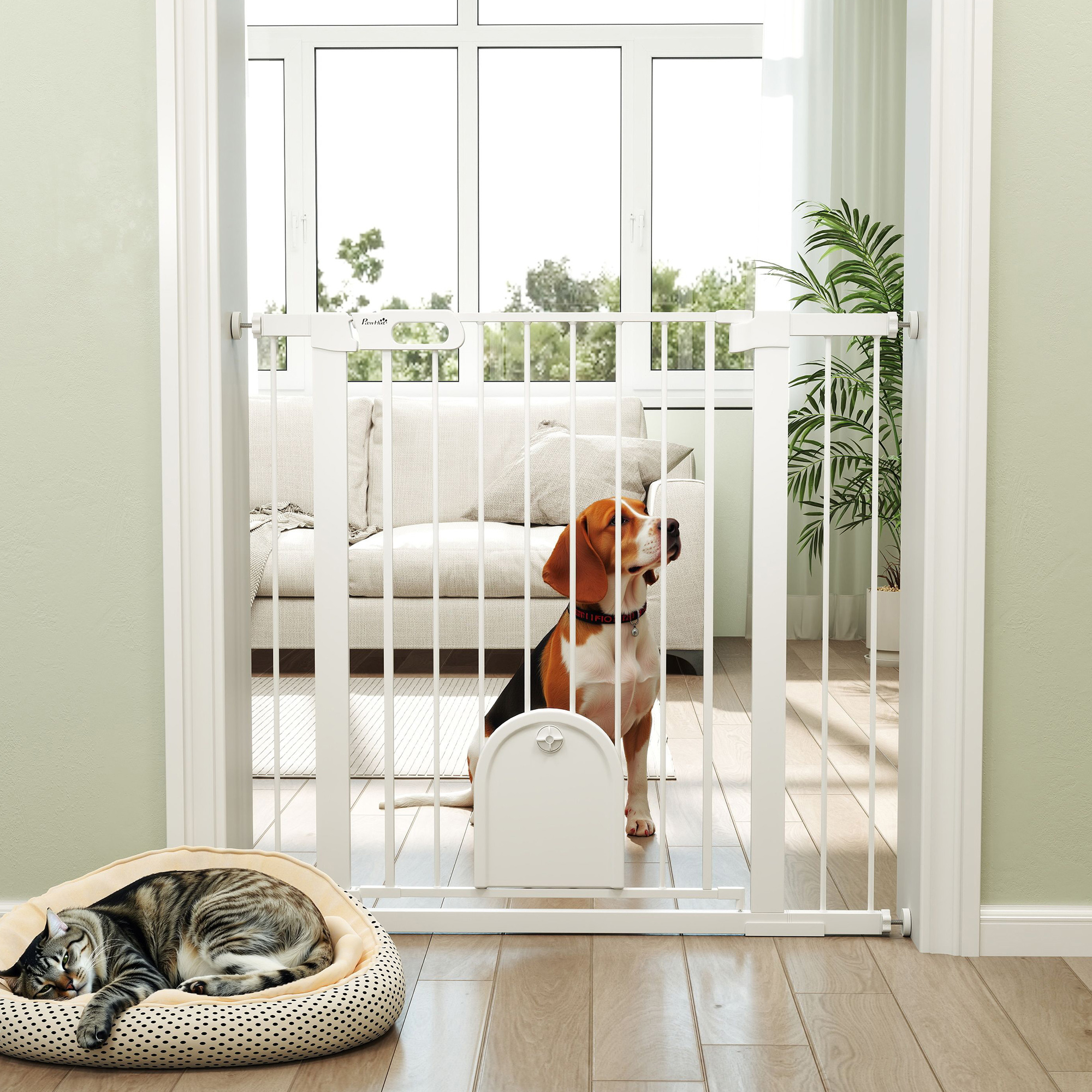 30"-41" Extra Wide Pet Gate Barrier with Small Door, 35"H Dog Gate with Safety Gate Barrier, Stair Pressure Fit, White