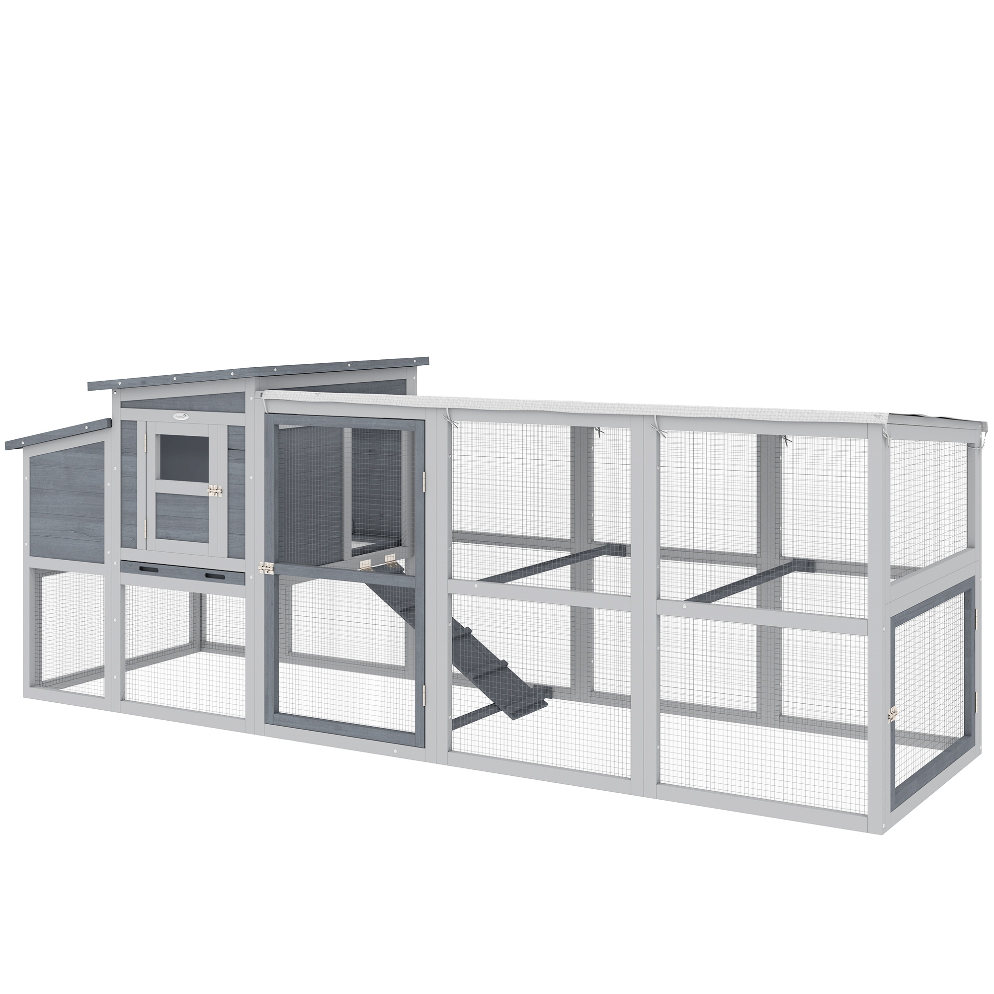 Large Chicken Coop, Wooden Hen House with Covered Run, Nesting Box, Pull-Out Tray, Opening Asphalt Roof