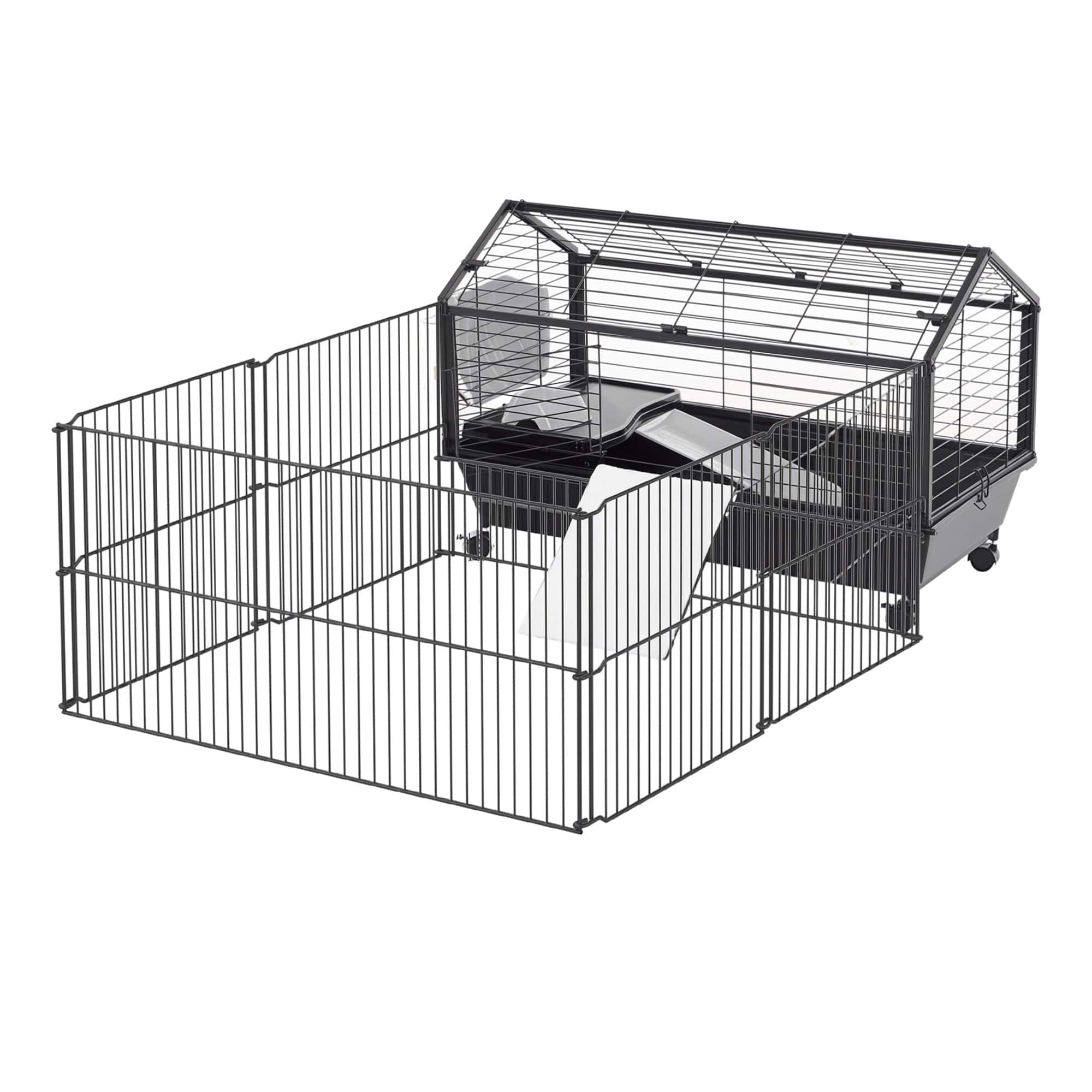 Guinea Pig Cage with Foldable Detachable Playpen, Rolling Rabbit Chinchilla Hedgehog Bunny Cage Small Animal Habitat with Water Bottle, Hay Feeder, 34.5" x 50.5" x 22"
