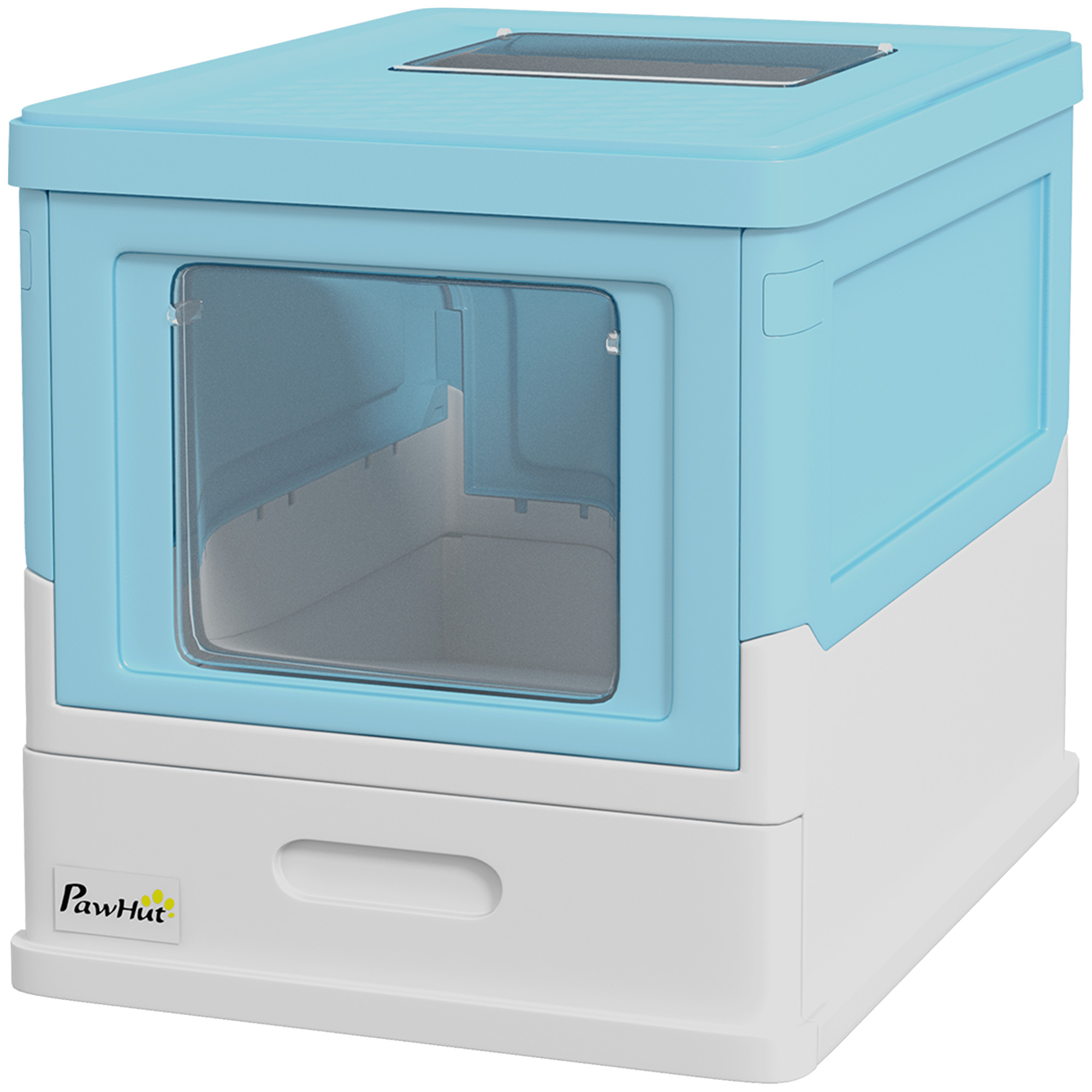 Top Entry Enclosed Kitty Litter Box with Scoop, Tray, Front Entry, Large Space, Foldable, Portable, Blue