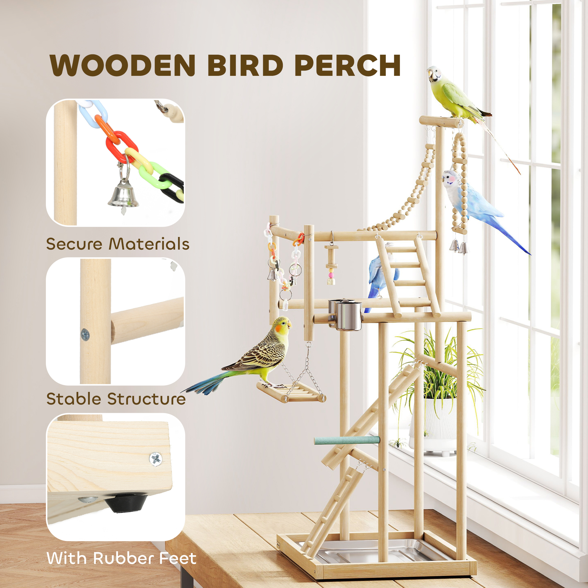 Bird Playground, 4 Layer Wooden Play Stand with Ladders, Chain Toy, Stainless Steel Cups and Tray for Small Birds