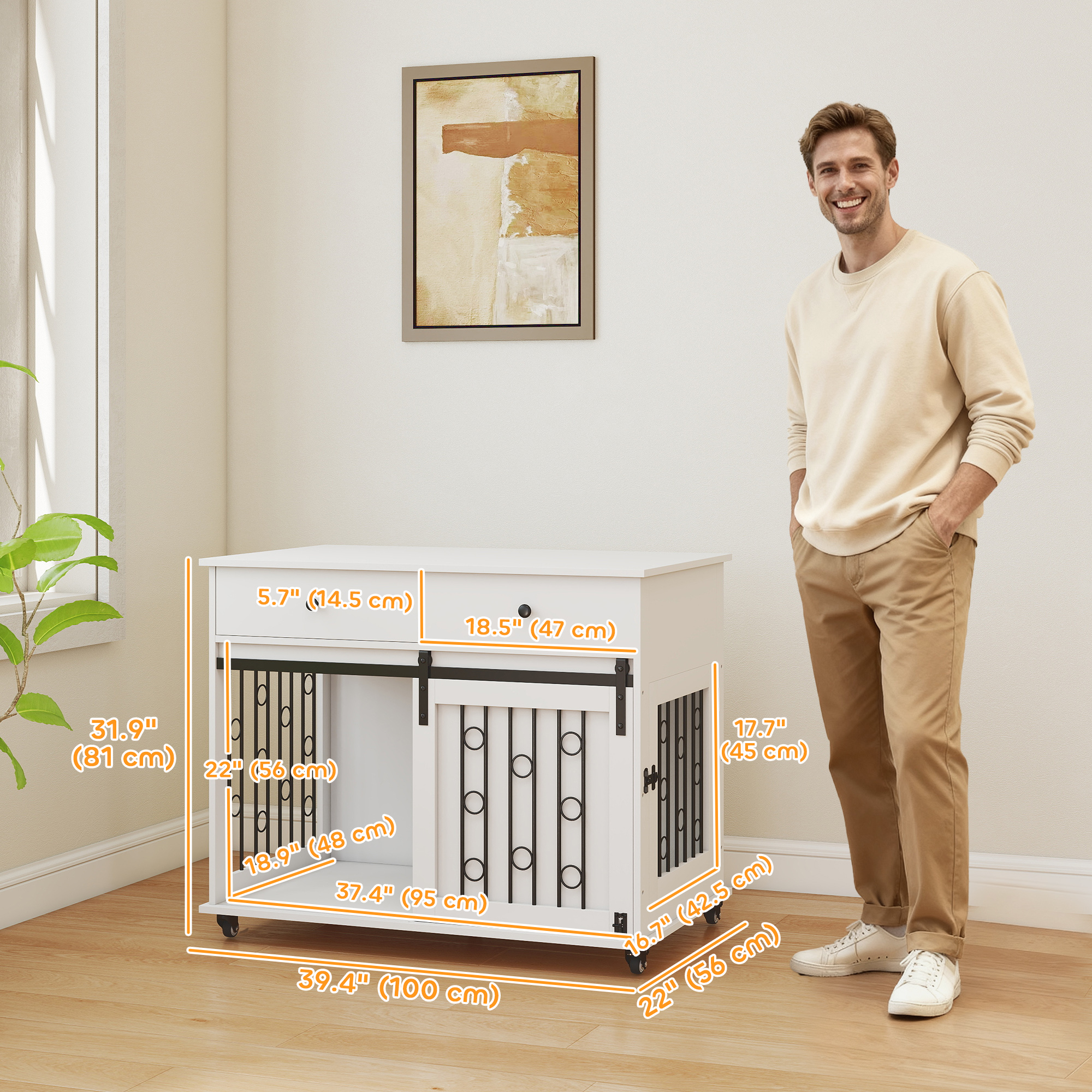 39" Dog Crate Furniture, Dog Kennel Indoor with 2 Drawers, Wheels, Sliding Door, Dog Cage for Medium Large Dogs, Oak