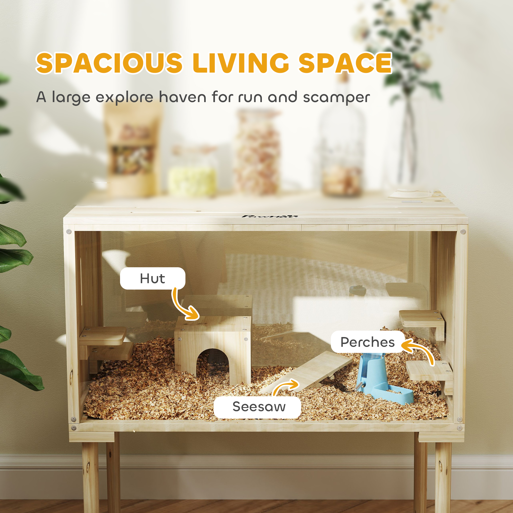 28"L Wooden Hamster Cage with Seesaw, Water Bottle, Food Dish, Hut, Transparent Panel for Easy Observe, Nature Wood