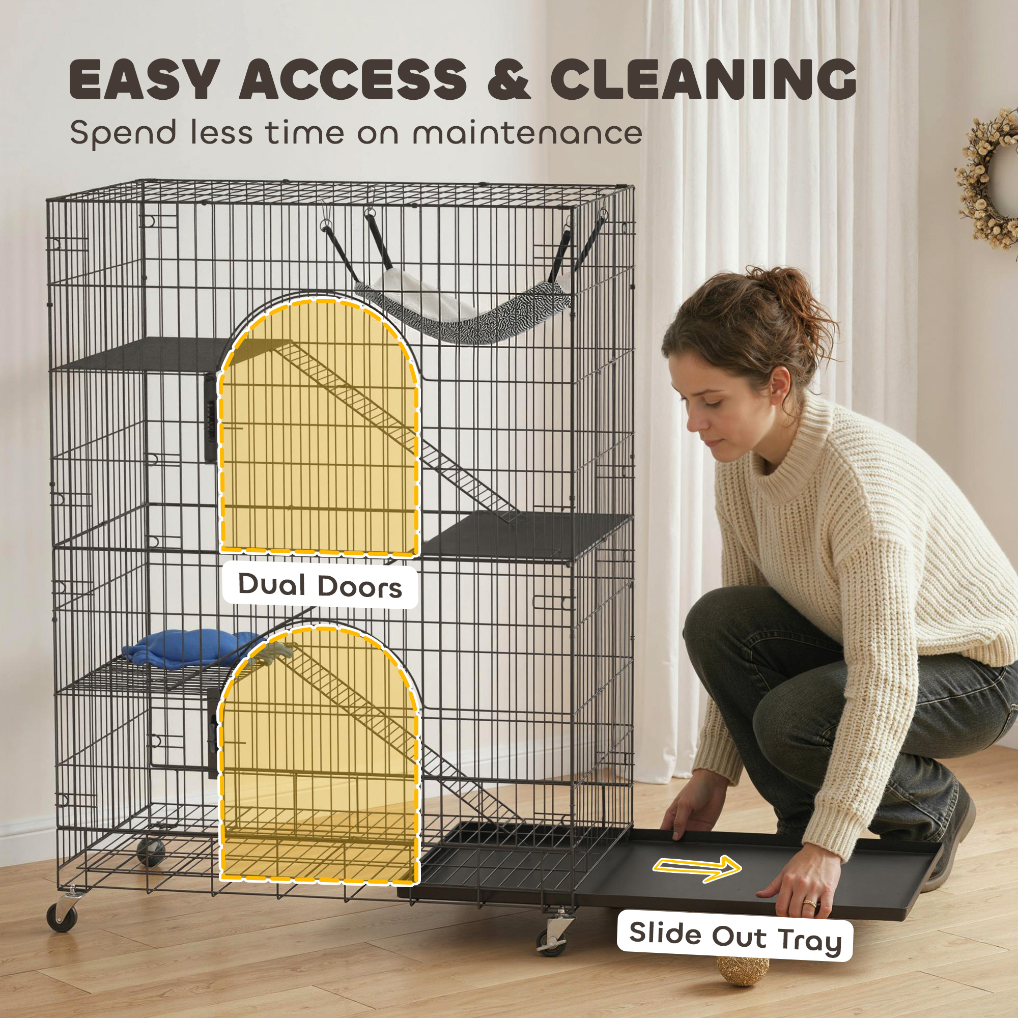 4-Tier Cat Cage, Large Cat Enclosure with Lockable Wheels, Tray, Hammock, Bed, 3 Ramp, 3 Platforms for 3-5 Kittens