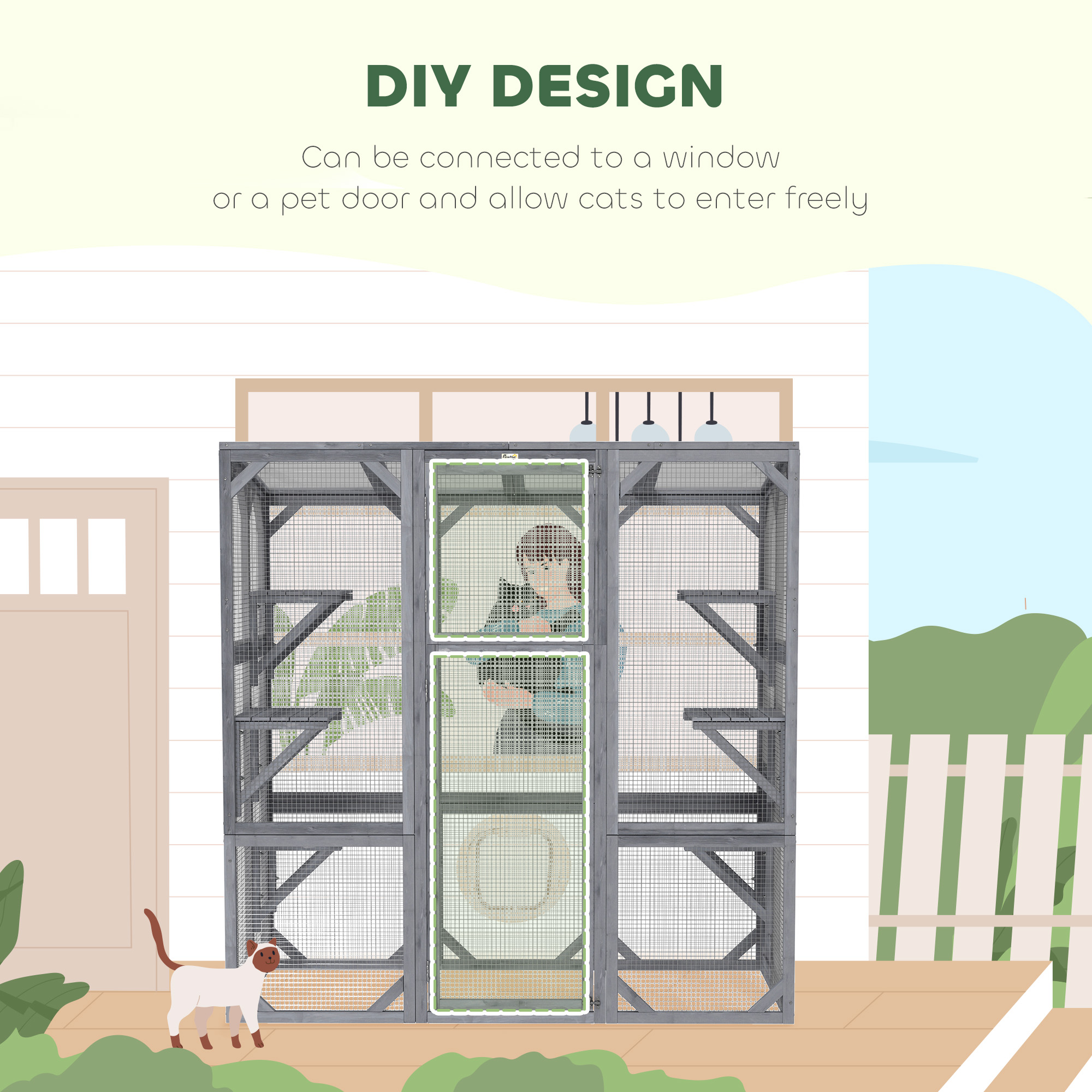 Outdoor Cat Enclosure with 6 Jumping Platforms, Weatherproof Roof, Large Front Door for 1-3 Cats, 59" x 28" x 60", Grey