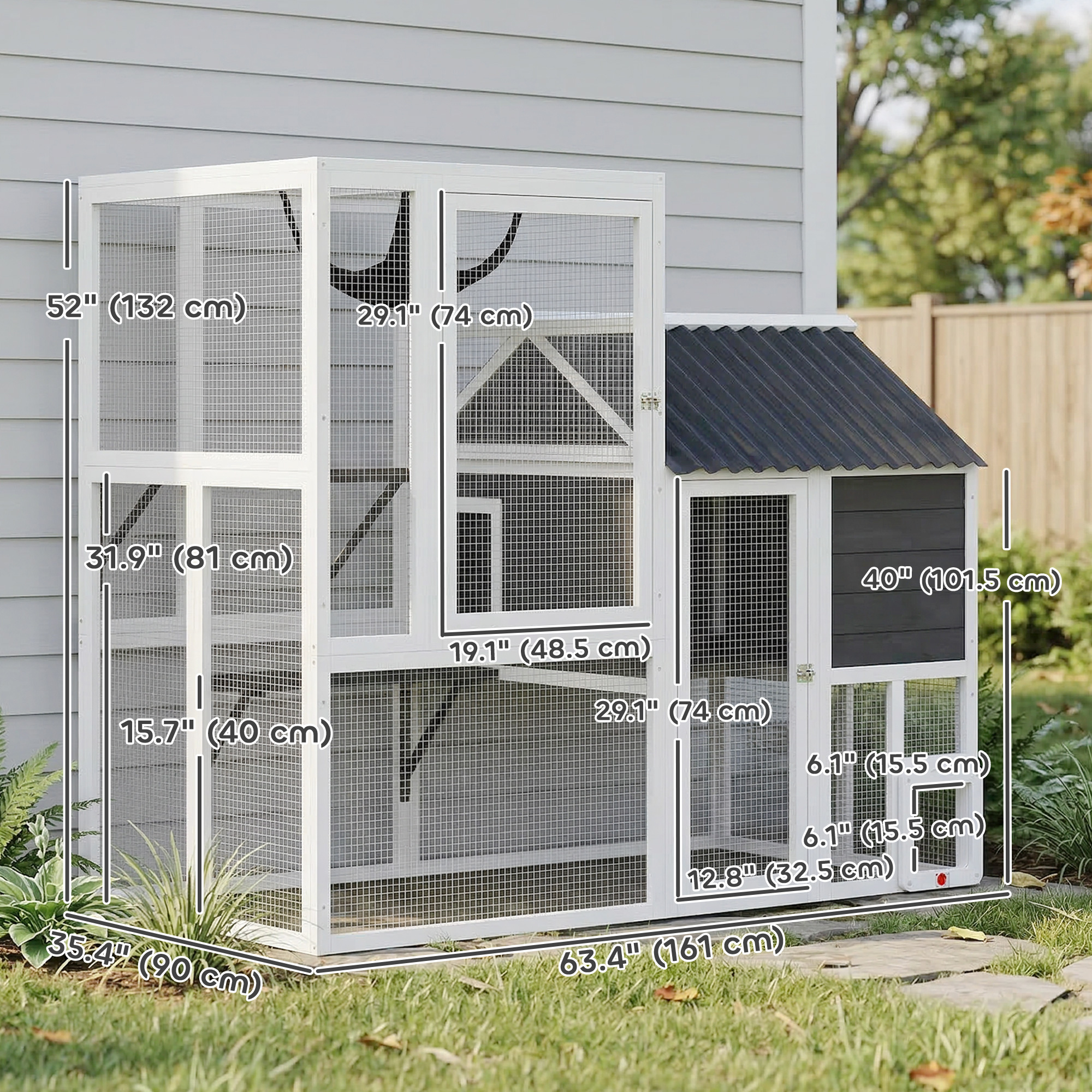 Catio Outdoor Cat Enclosure, 63" L Large Cat House with 4-Way Adjustable Door, Private House, Hammock, 2 Platforms