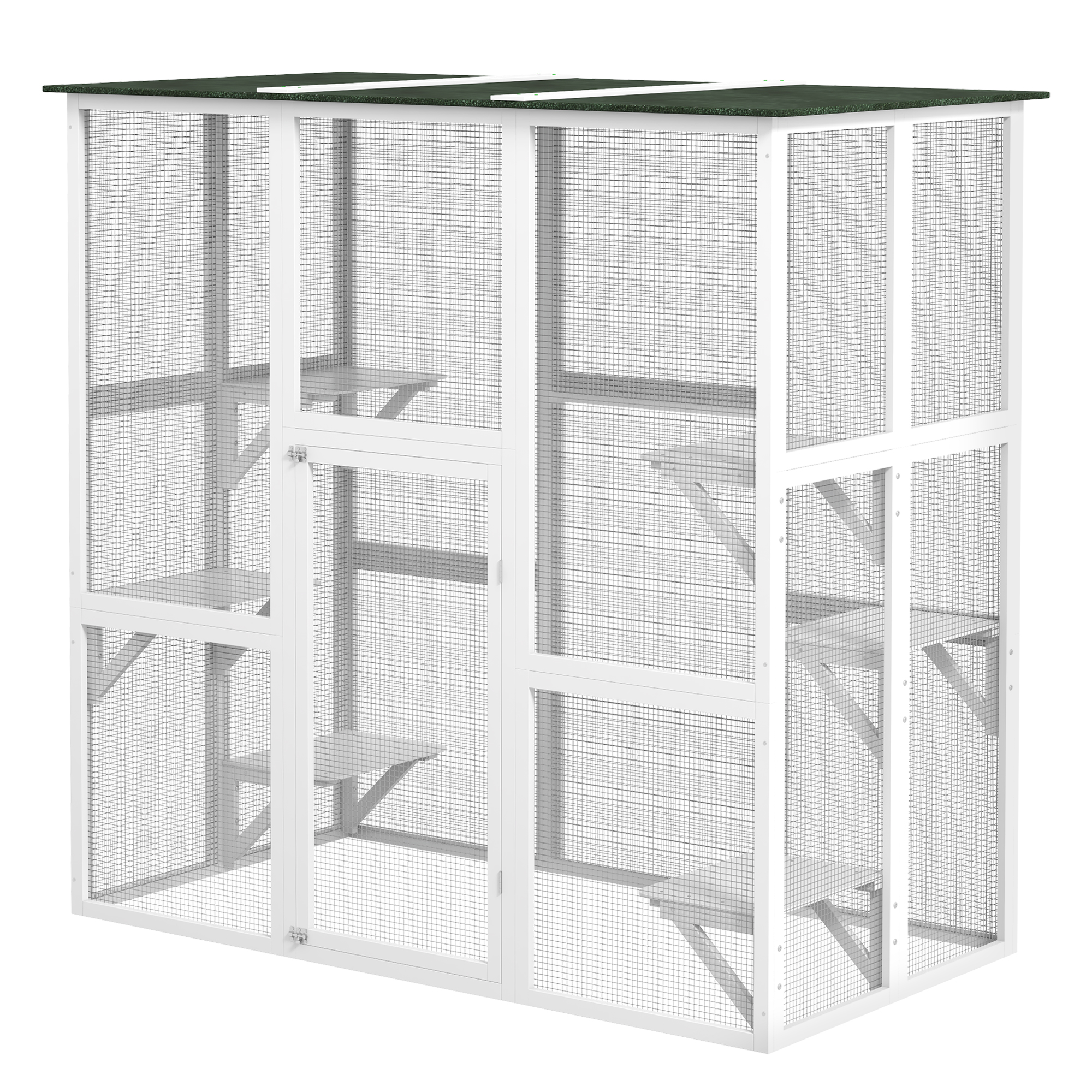 Large Outdoor Catio Enclosure, Wooden Cat Patio with 6 Balanced Platforms and Asphalt Roof, 70.9" x 38.6" x 70.9", White