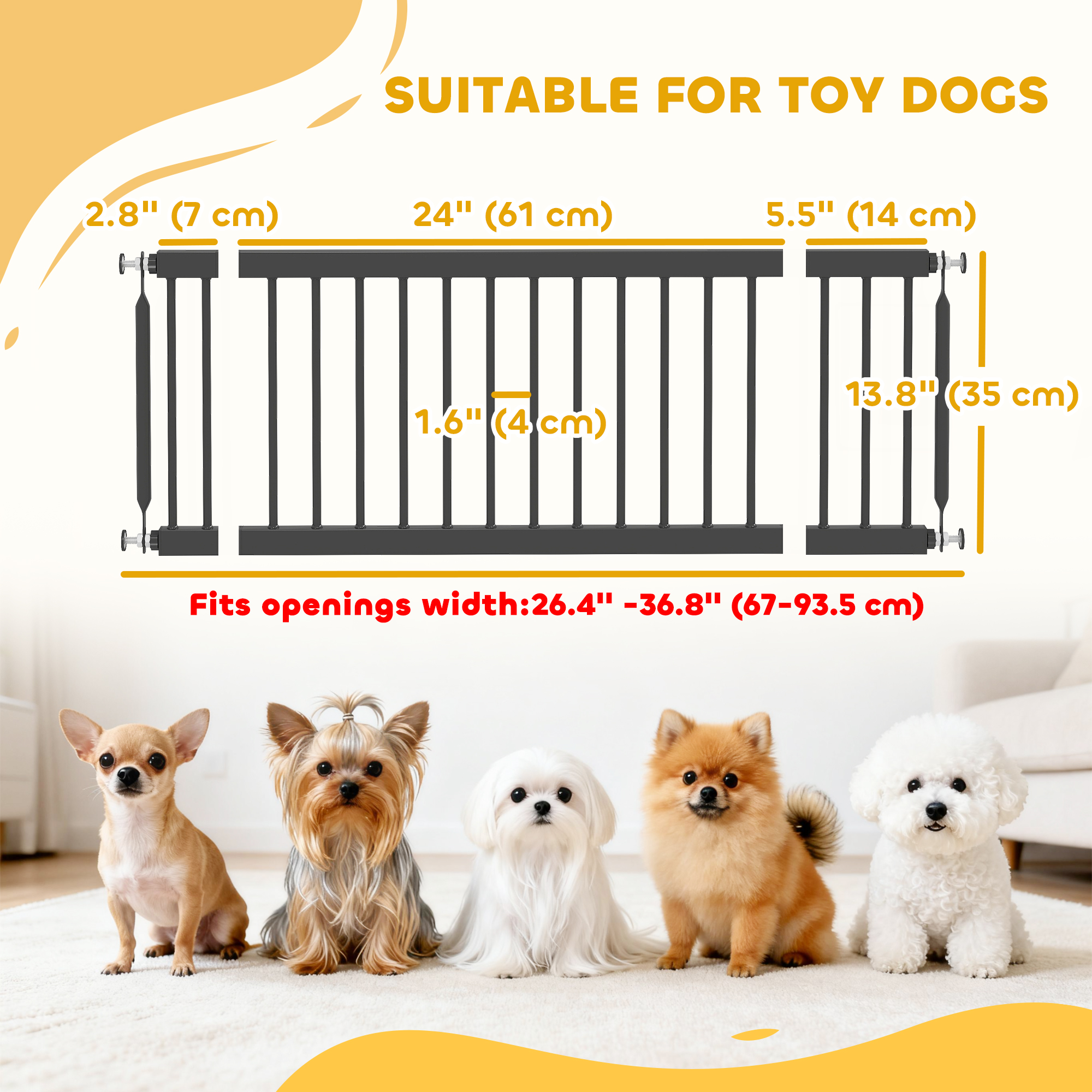 26"-37" Dog Gate, Adjustable Pet Gate, Fits 14" Tall with 2 Extension, Pressure Mount Kit for Stairs and Doorways, Black - Image 3