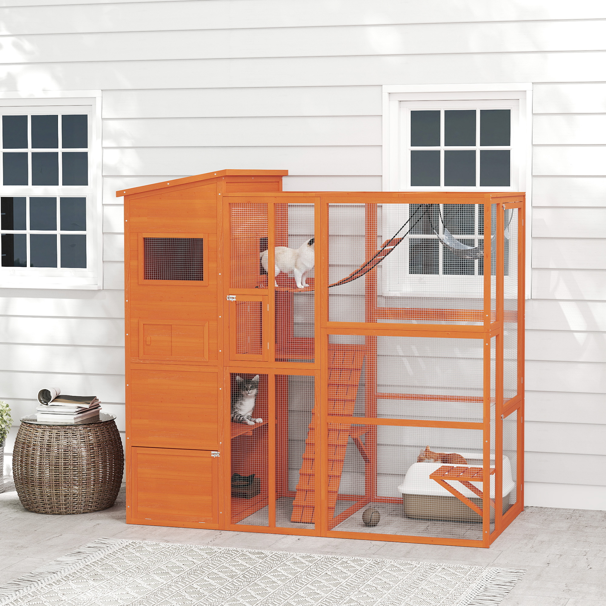 76" Catio Outdoor Cat Enclosure with Cat Condo, Jumping Platforms, Ladder, Ramps, Hammock for 2-3 Indoor Cats, Orange