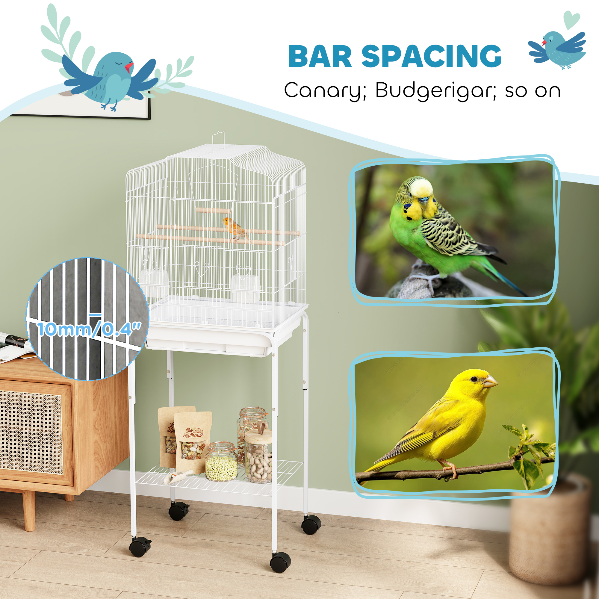 49" Rolling Bird Cage Cockatoo House Play Top Finch Pet Supply with Storage Shelf, Wheels - White - Image 6