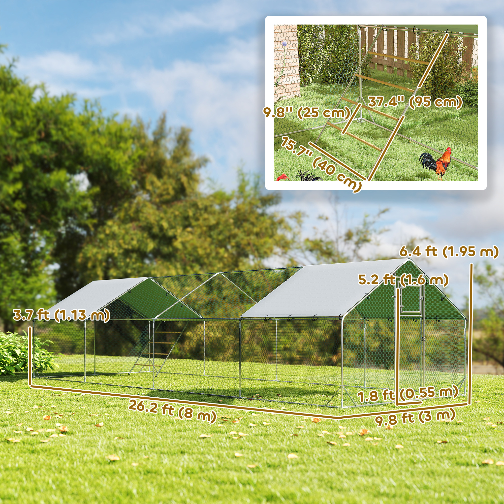 Large Metal Chicken Run with Waterproof & UV-Resistant Cover, Feeding Door, Hanging Feeder, Perch, for 24-30 Chickens