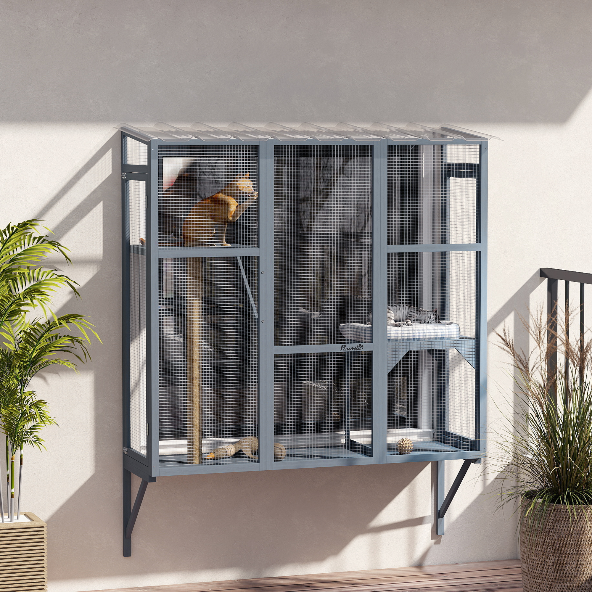 Wooden Catio Outdoor, Cat Window Box Enclosure for 2-3 Large Cats with 2 Jumping Platforms & Scratching Post, Grey - Image 8