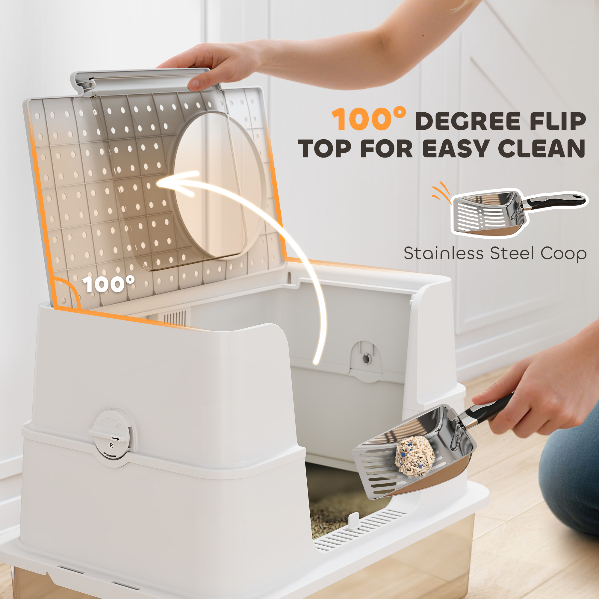 XL Stainless Steel Litter Box w/ 100° Flip Top, Scoop, Side Top Dual Entry, Odor Free, Easy Cleaning, Anti Leakage - Image 6