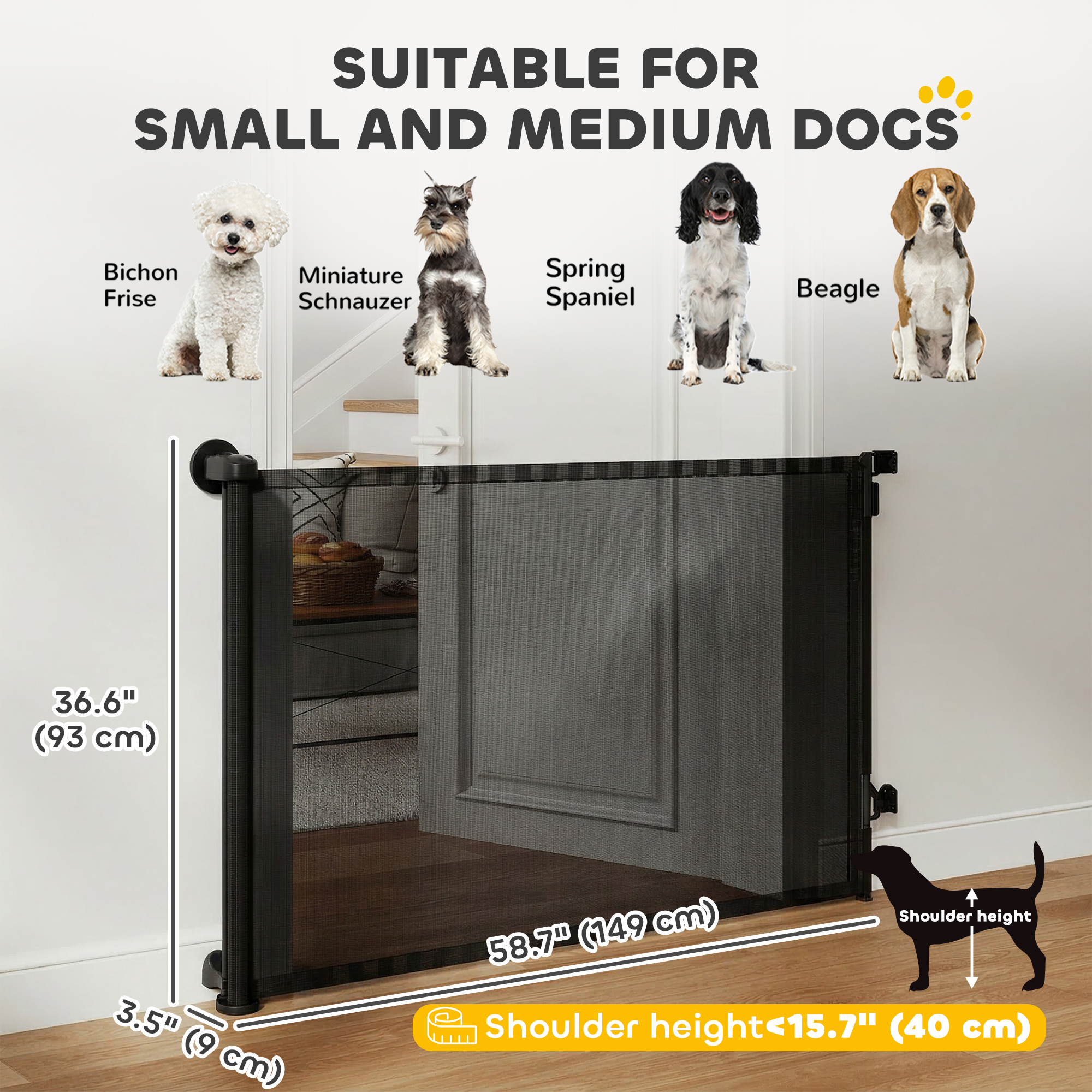 Retractable Dog Gate, 36.6" Tall, Extends to 55" Wide, Mesh Pet Gate with Single Hand Operation, for Stairs, Doorways