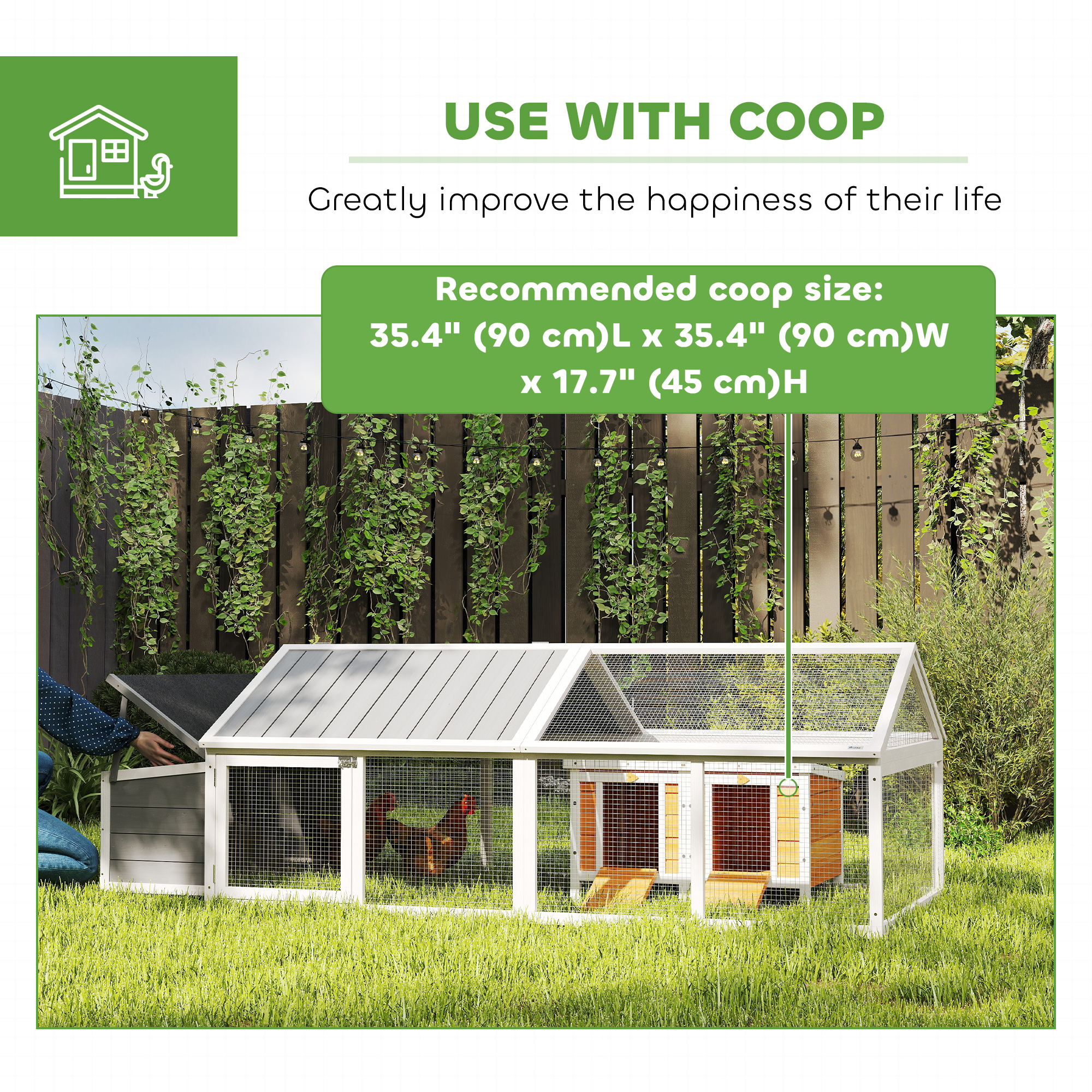 95"L Chicken Run Large Chicken Coop with Nesting Box Wooden Roof Side Door for Outdoor 4–8 Chickens