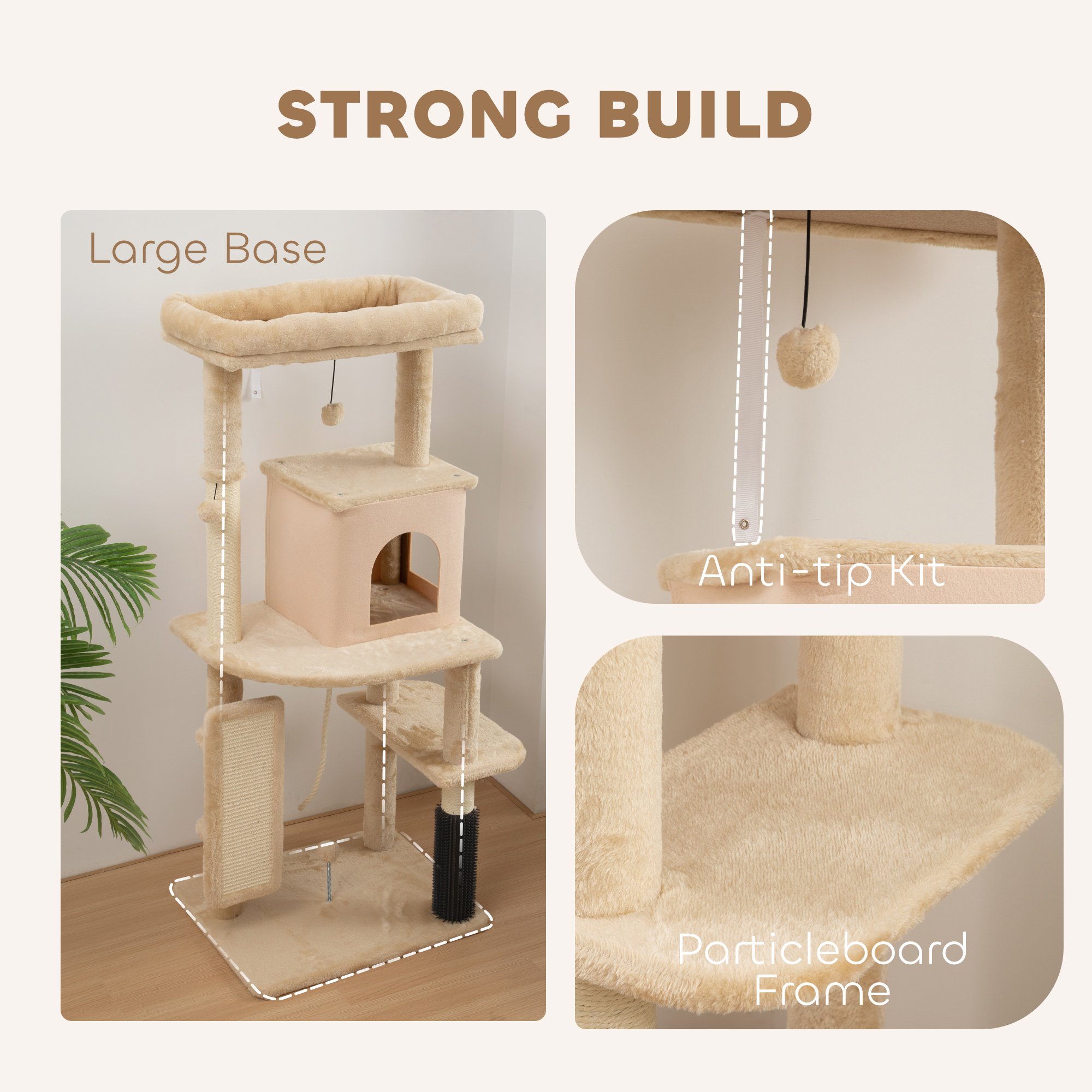 52 Inch Cat Tree with Scratching Posts, Cat Bed, Condo, Grooming Brush, Jumping Platforms, Toy Balls, Anti-tip Kit