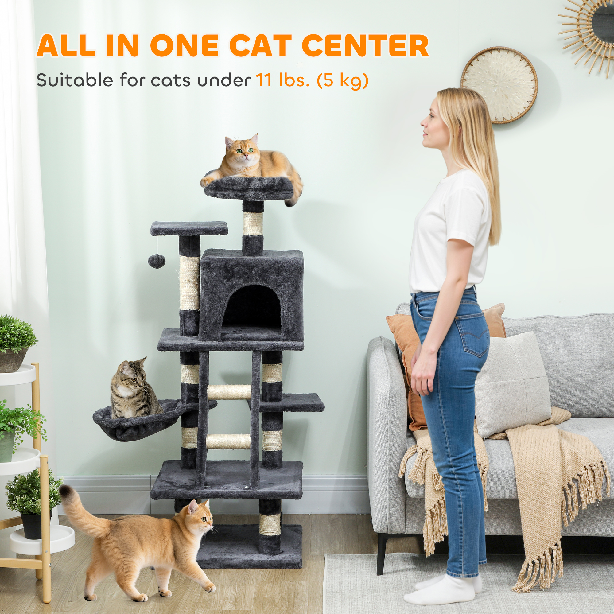 52 Inch Large Cat Tree for Indoor Cats, Dark Grey