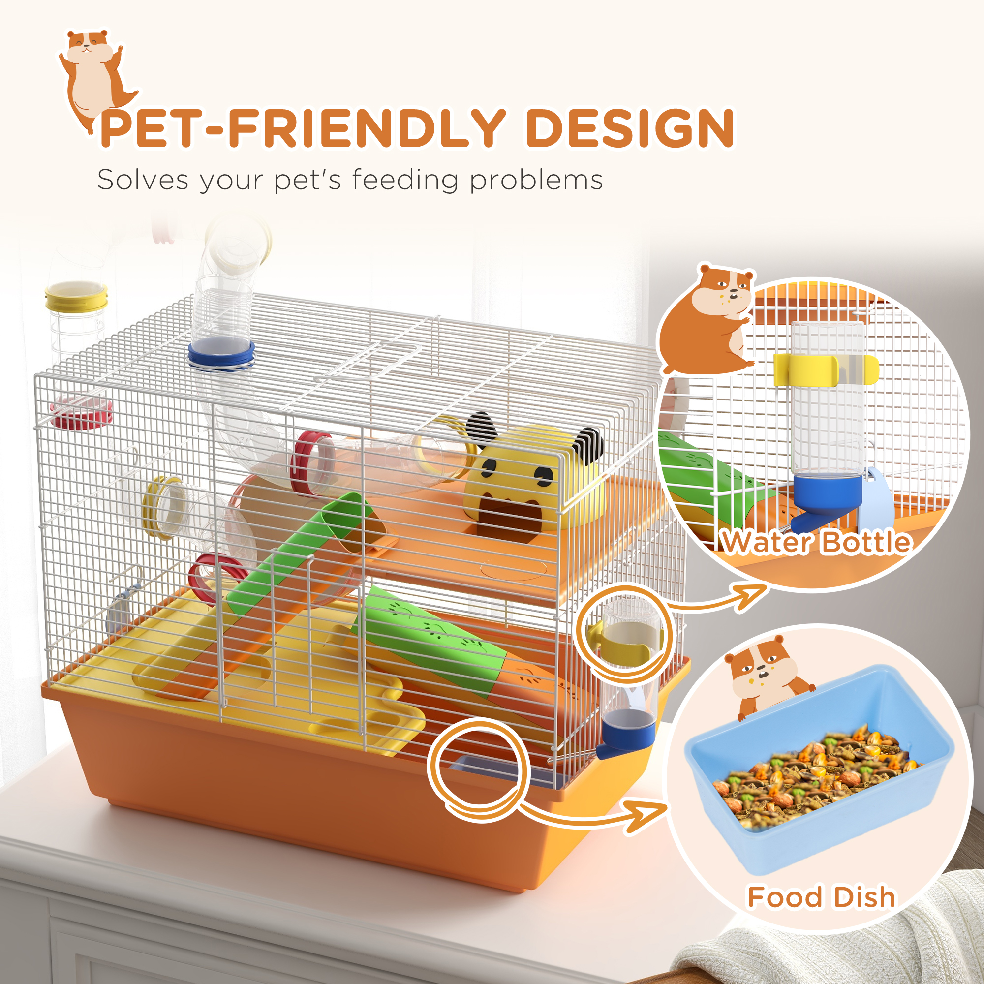 3 Tiers Hamster Cage for Gerbil, Dwarf Hamster with Tunnels, Water Bottle, Exercise Wheel, 18" x 11" x 15" - Orange