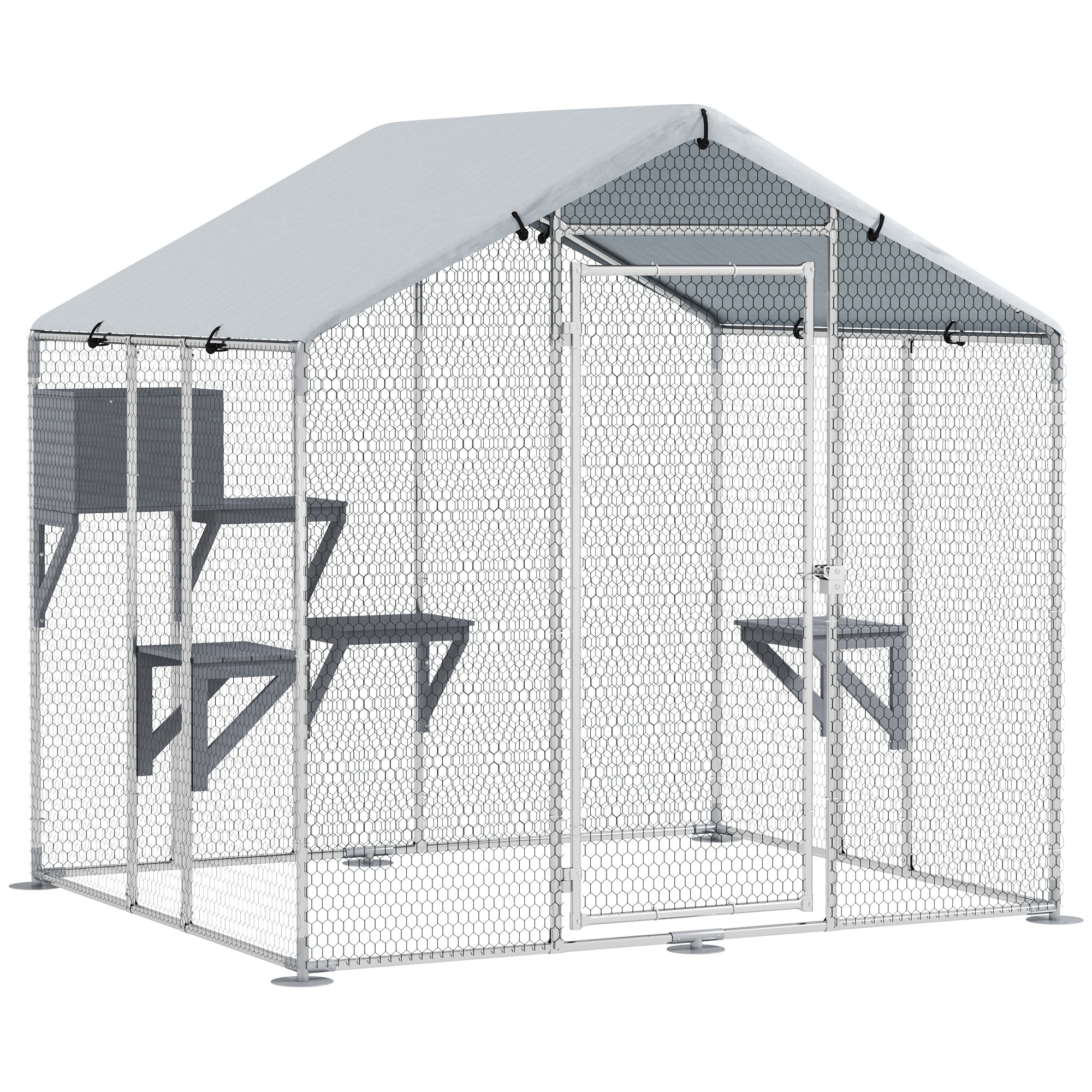 79" Extra Large Metal Outdoor Catio with Waterproof Cover, Resting Box, 4 Platforms, for Multiple Rabbits, Chicken